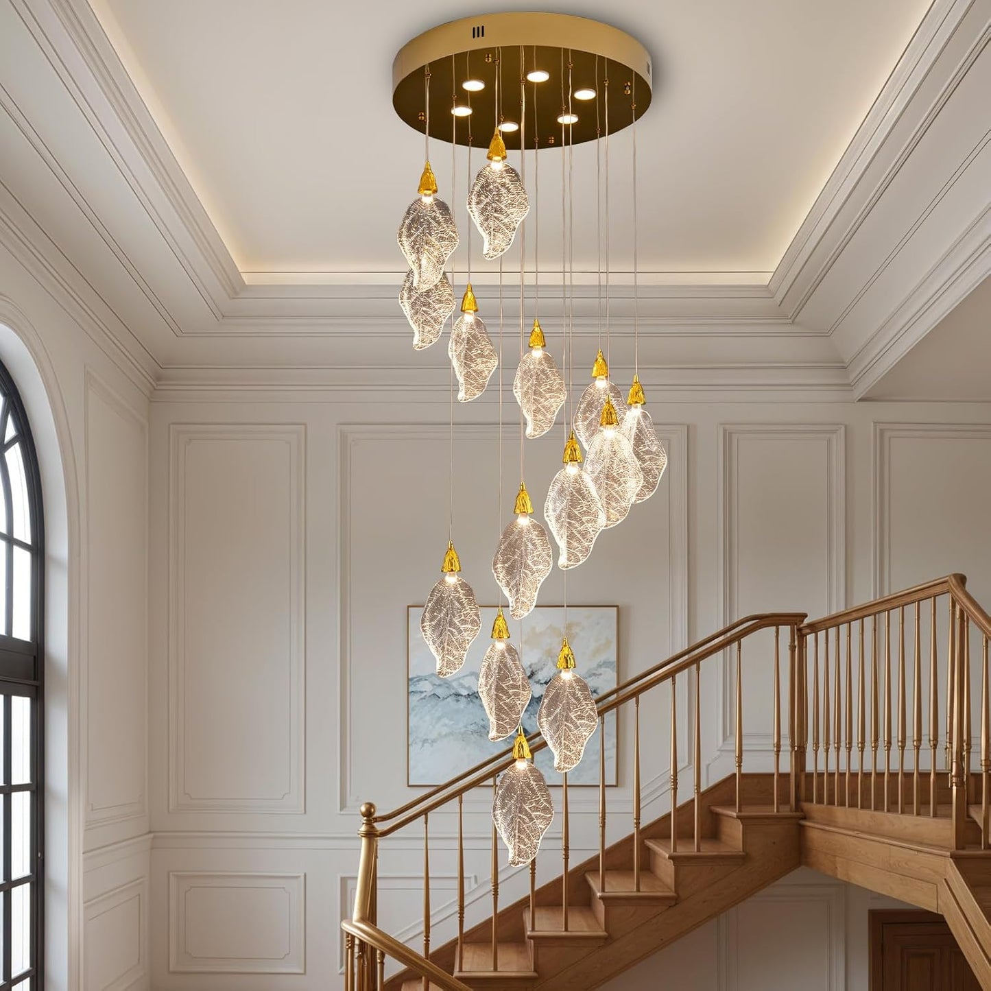 Modern 78 in. H 14-Light Integrated LED Gold Crystal Staircase Chandelier, Bionic Leaf High Ceiling LED Lighting Fixture
