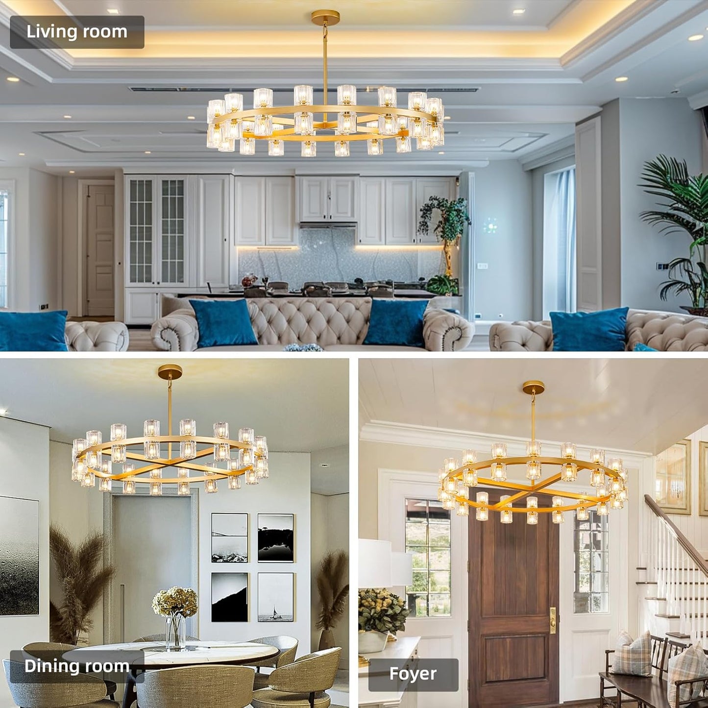 36-Light Gold Round Chandelier, 36 in. Modern K9 Crystal Chandelier for Dining Room, Living Room, Foyer