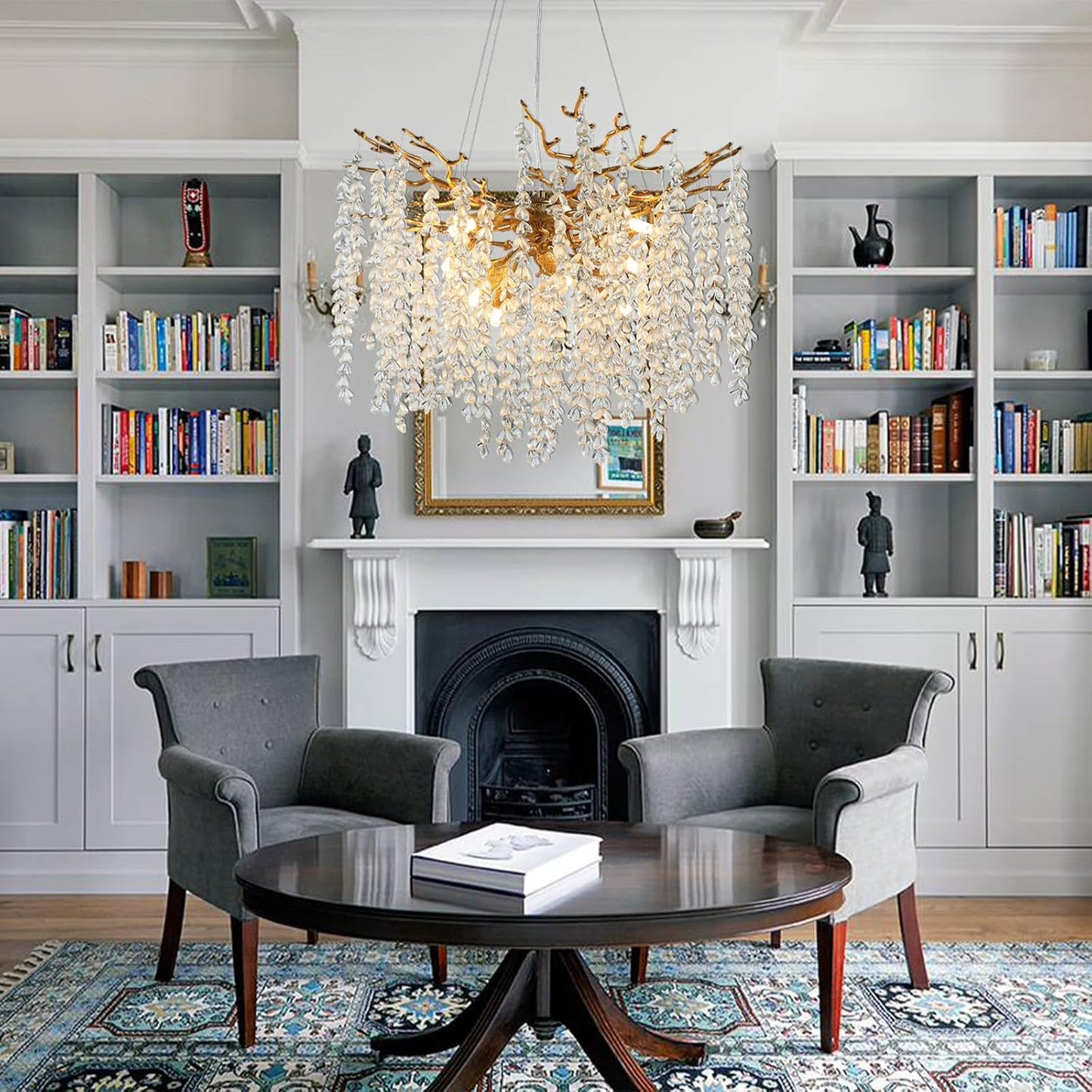 24" 8-Light Modern Crystal Chandelier, Gold Tree Branch Round Chandelier for Dining Room, Living Room, Bedroom, Entryway