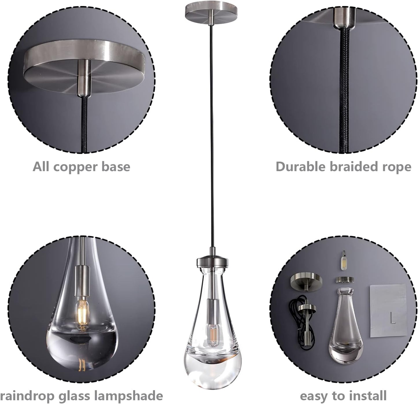 1-Light Modern Silver Chandelier, Pendant Light Kitchen Island with Raindrop Glass Shade (1-Set)