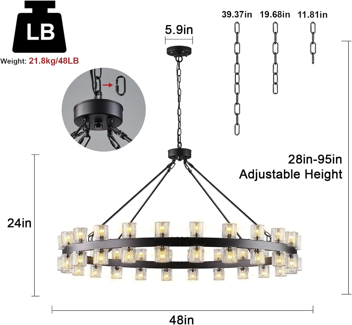 48-Light Black Round Chandelier, 48 in. Modern K9 Crystal Chandelier for Dining Room, Living Room, Foyer