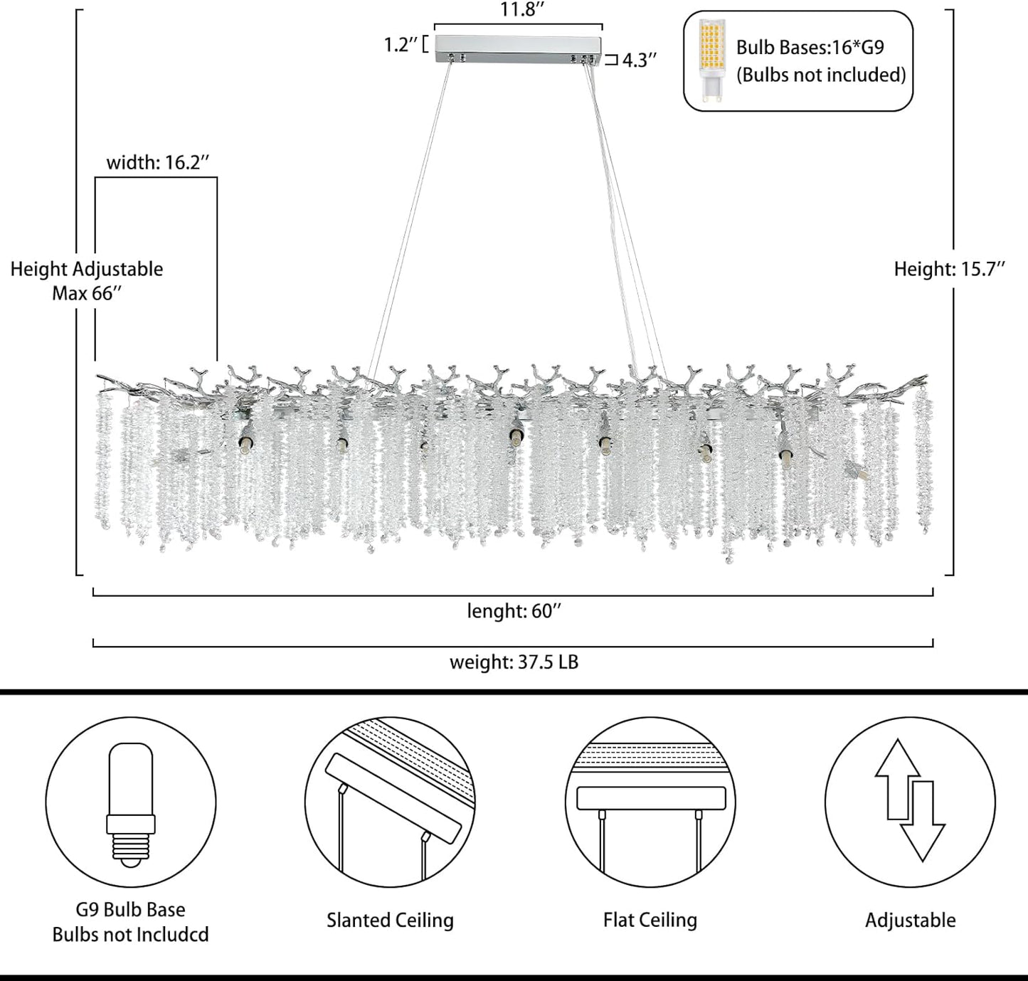 16-Light Silver Chandelier, Luxury Flush Mount Chandelier with K9 Crystal, for Dining Room, Living Room, Kitchen