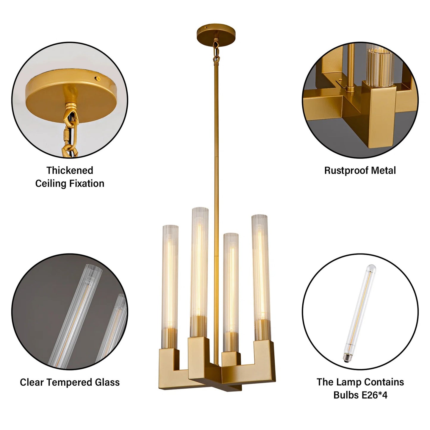 Luxury Pendant Light 12.6 in. 4-Light Gold Modern Candle Style Chandelier with Glass Tube Dinning Room Kitchen Island