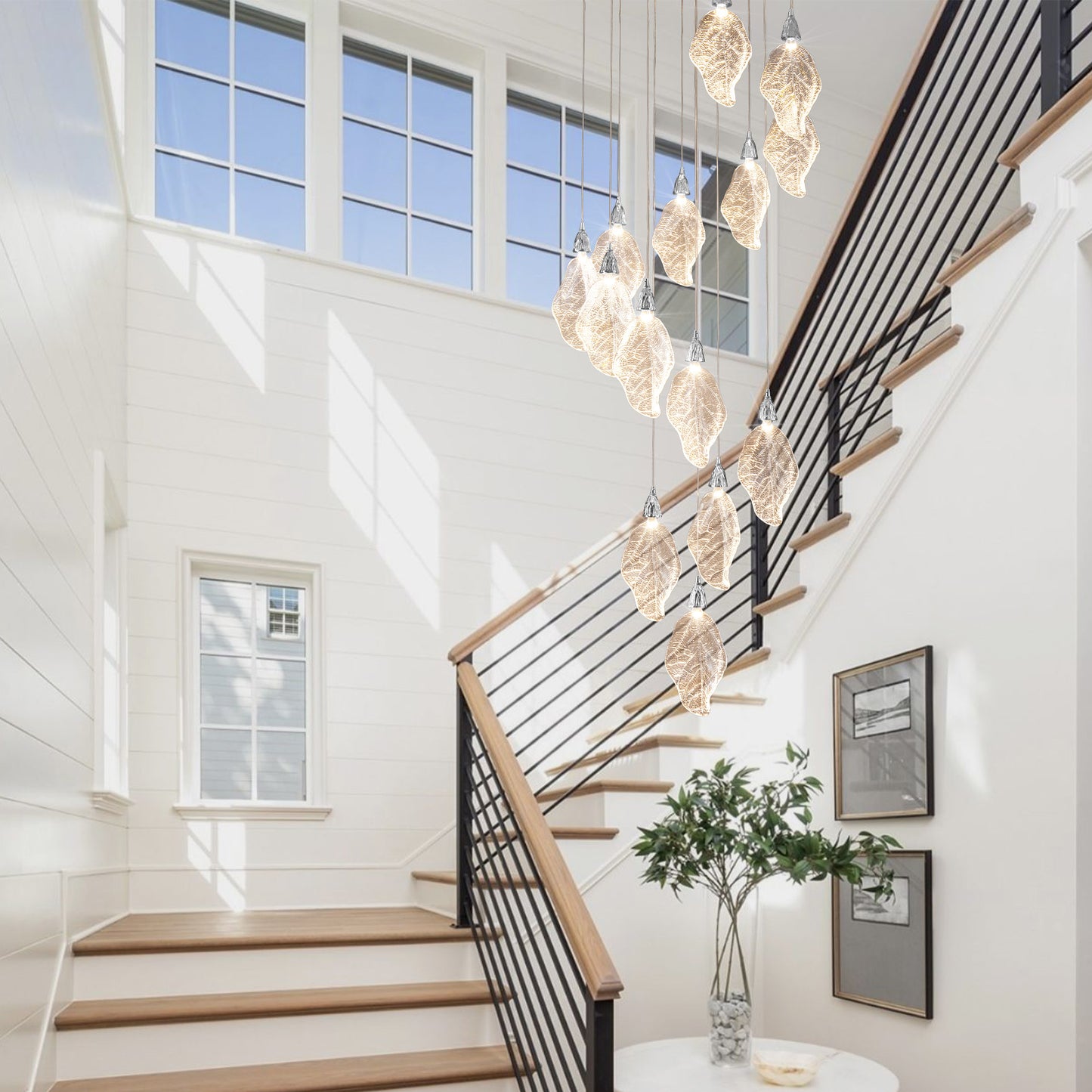 Modern 78 in. H 14Light Integrated LED Silver Crystal Staircase Chandelier Bionic Leaf High Ceiling LED Lighting Fixture