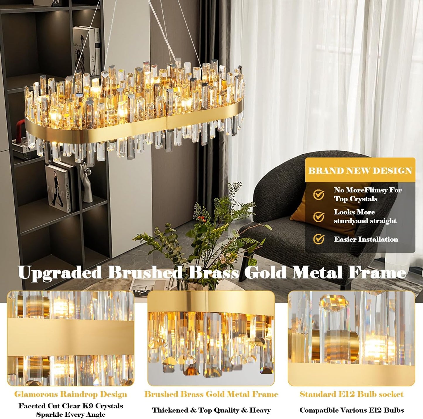 Farmhouse 35.4 in. 16-Light Gold Chandelier, Modern Rectangular K9 Crystal Chandelier for Dining Room, Kitchen Island