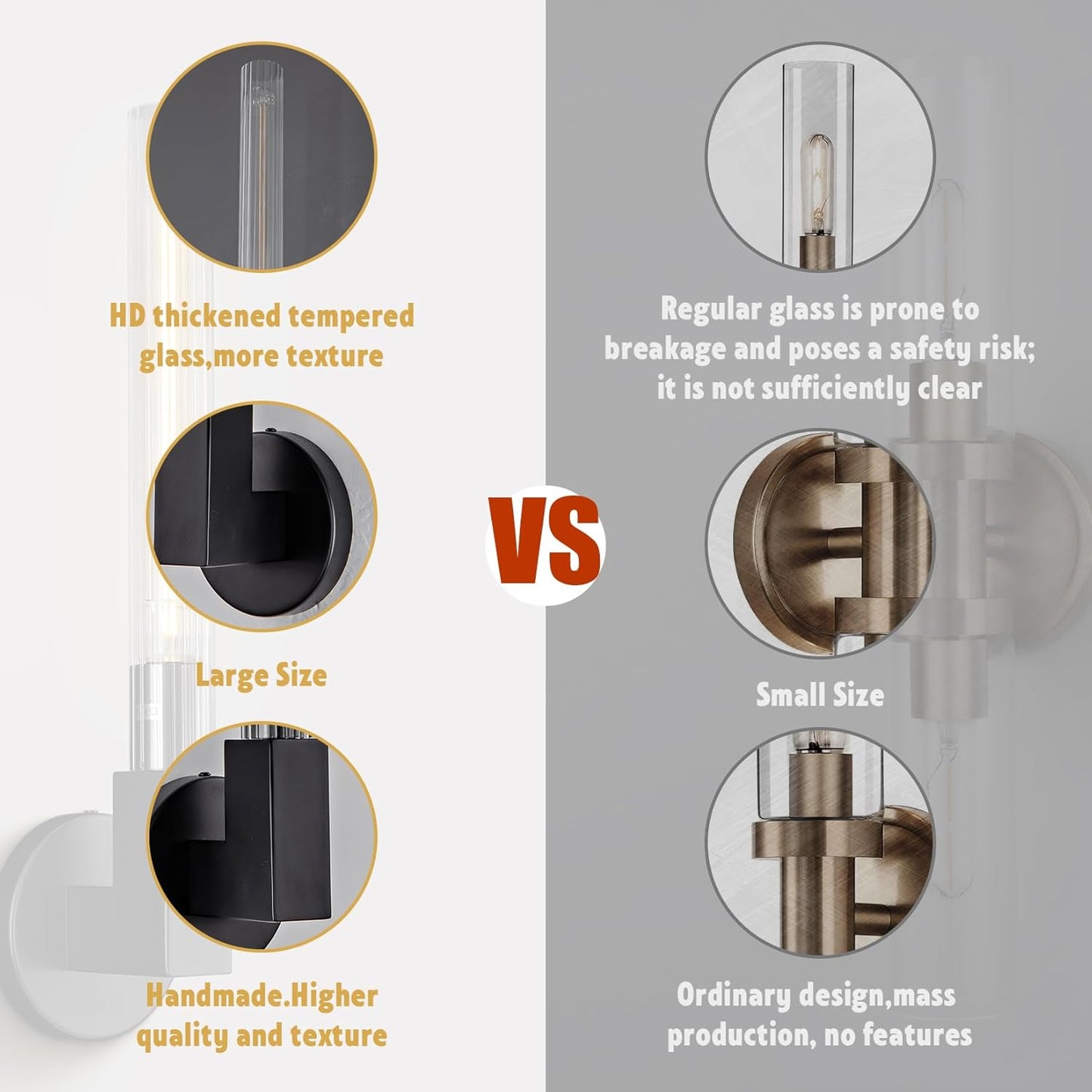 19 in. 1-Light Black Wall Sconce, Modern Glass Vanity Lights Set of 2, Wall Lamp for Bathroom, Living Room, Bedroom