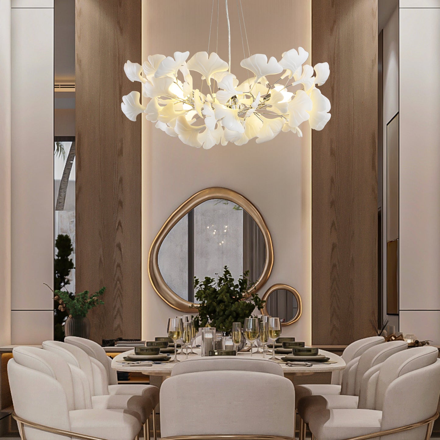 6 Light Silver Chandelier, Luxury Ginkgo Branch Chandelier for Living Room, Dining Room, Foyer, Kitchen Island-L31 in.