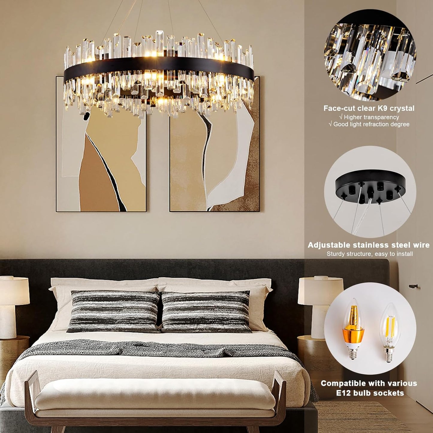 31.5 in. 16-Light Black Crystal Chandelier, Modern Round K9 Crystal Hanging Pendant Ceiling Light Fixture