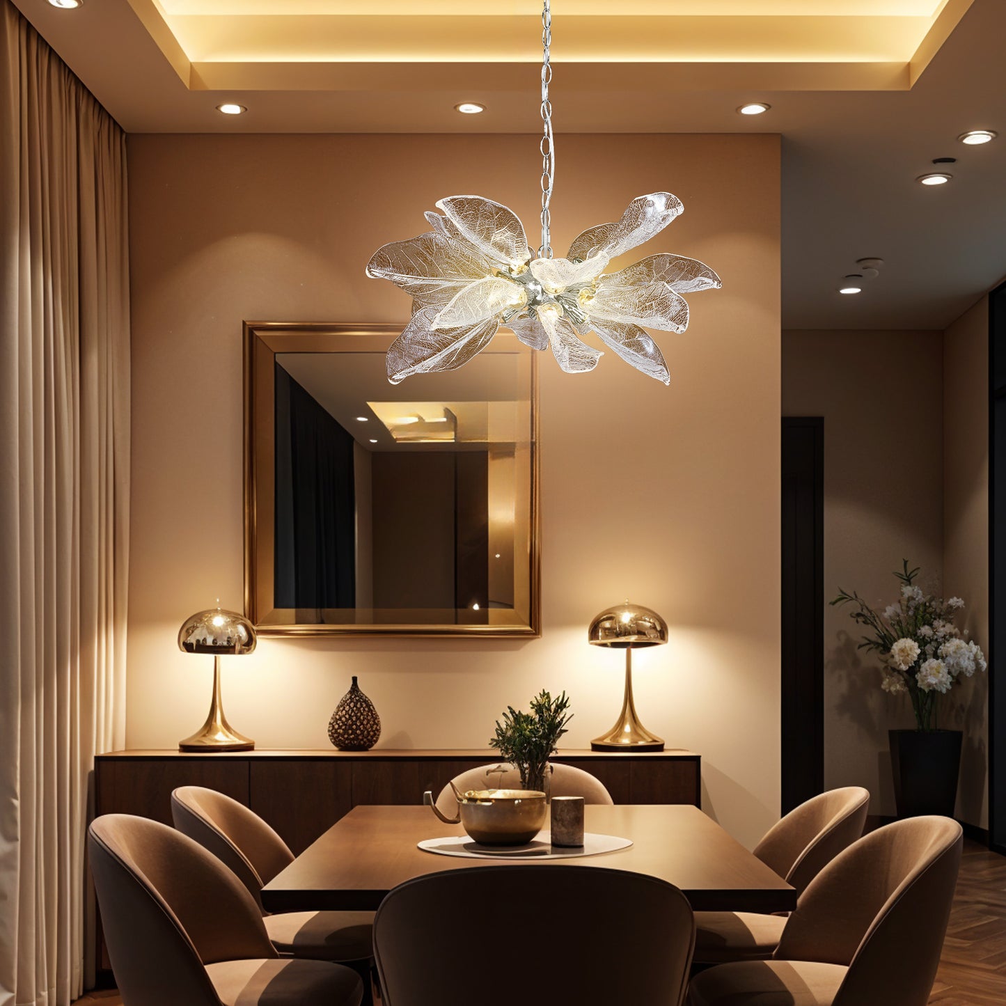 D23 in. 16-Light Silver Modern Chandelier, Crystal Leaf Chandelier for Bedroom, Dining Room, Living Room, Foyer