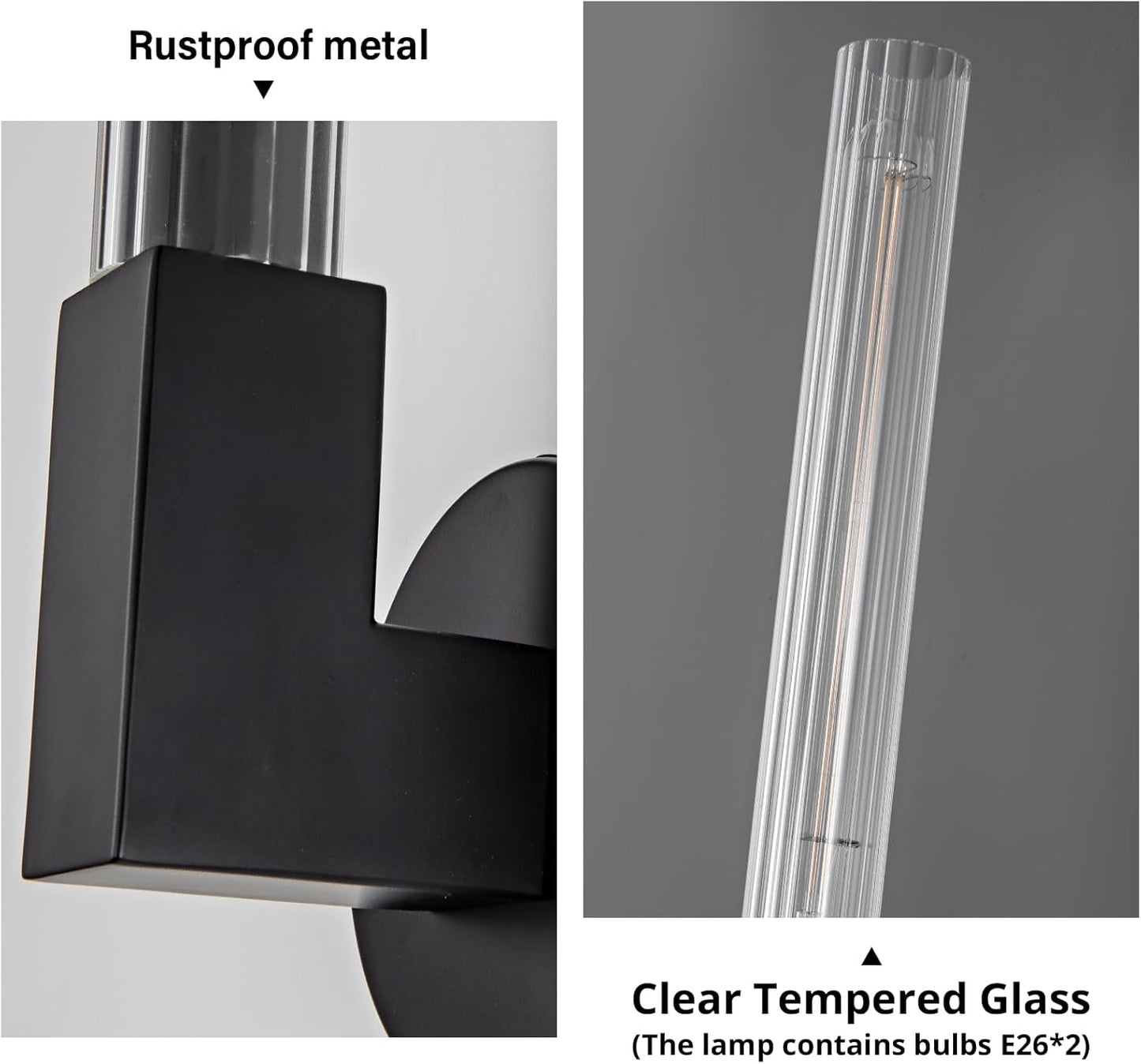 19 in. 1-Light Black Wall Sconce, Modern Glass Vanity Lights Set of 2, Wall Lamp for Bathroom, Living Room, Bedroom