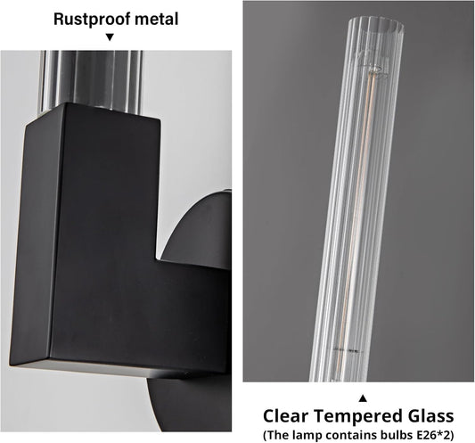 19 in. 1-Light Black Wall Sconce, Modern Glass Vanity Lights Set of 2, Wall Lamp for Bathroom, Living Room, Bedroom