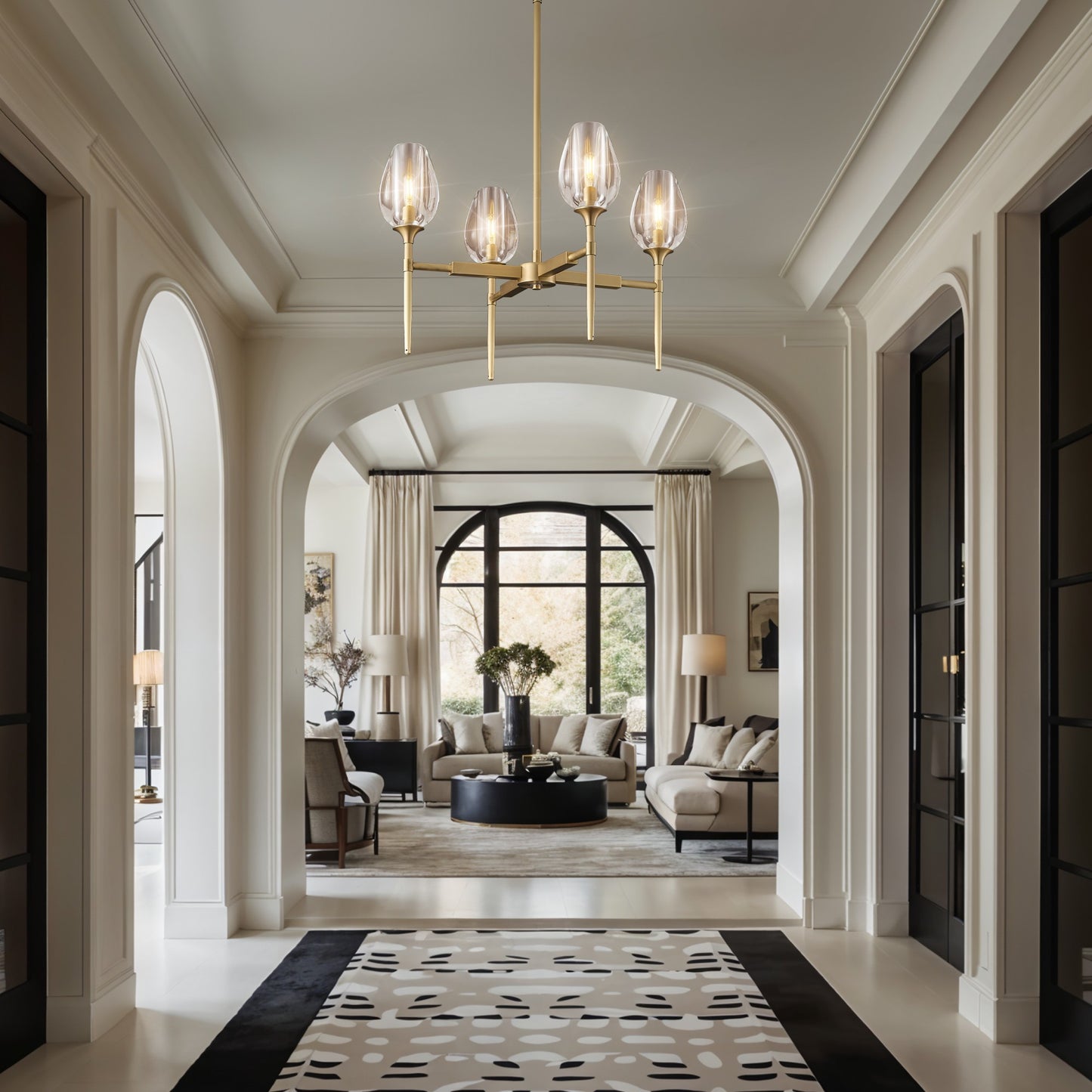Modern Tulip Chandelier 27 in. 4-Light Gold Tulip Round Chandelier for Dining Room, Living Room, Foyer, Hallway