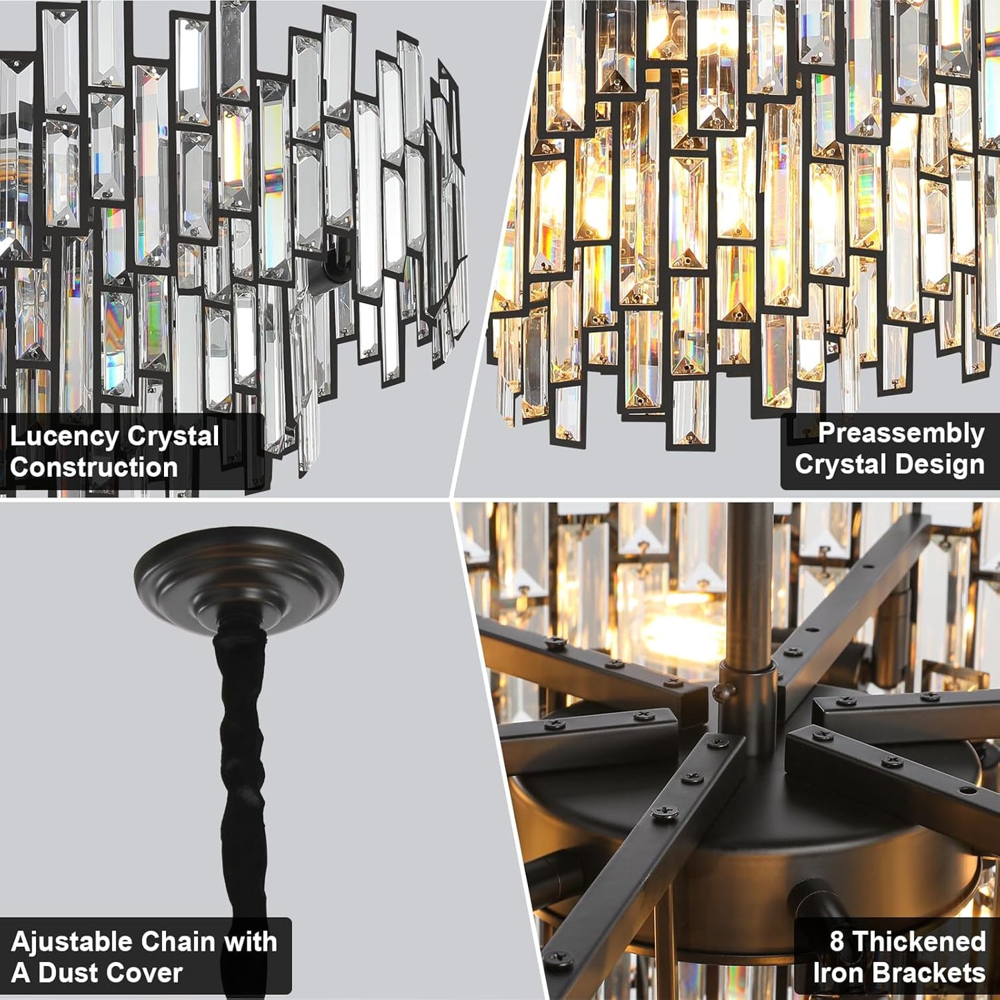 24 in. Modern Chandelier 10-Light 3-Tier Black Round K9 Crystal Chandelier for Dining Room, Living Room Entryway & Foyer