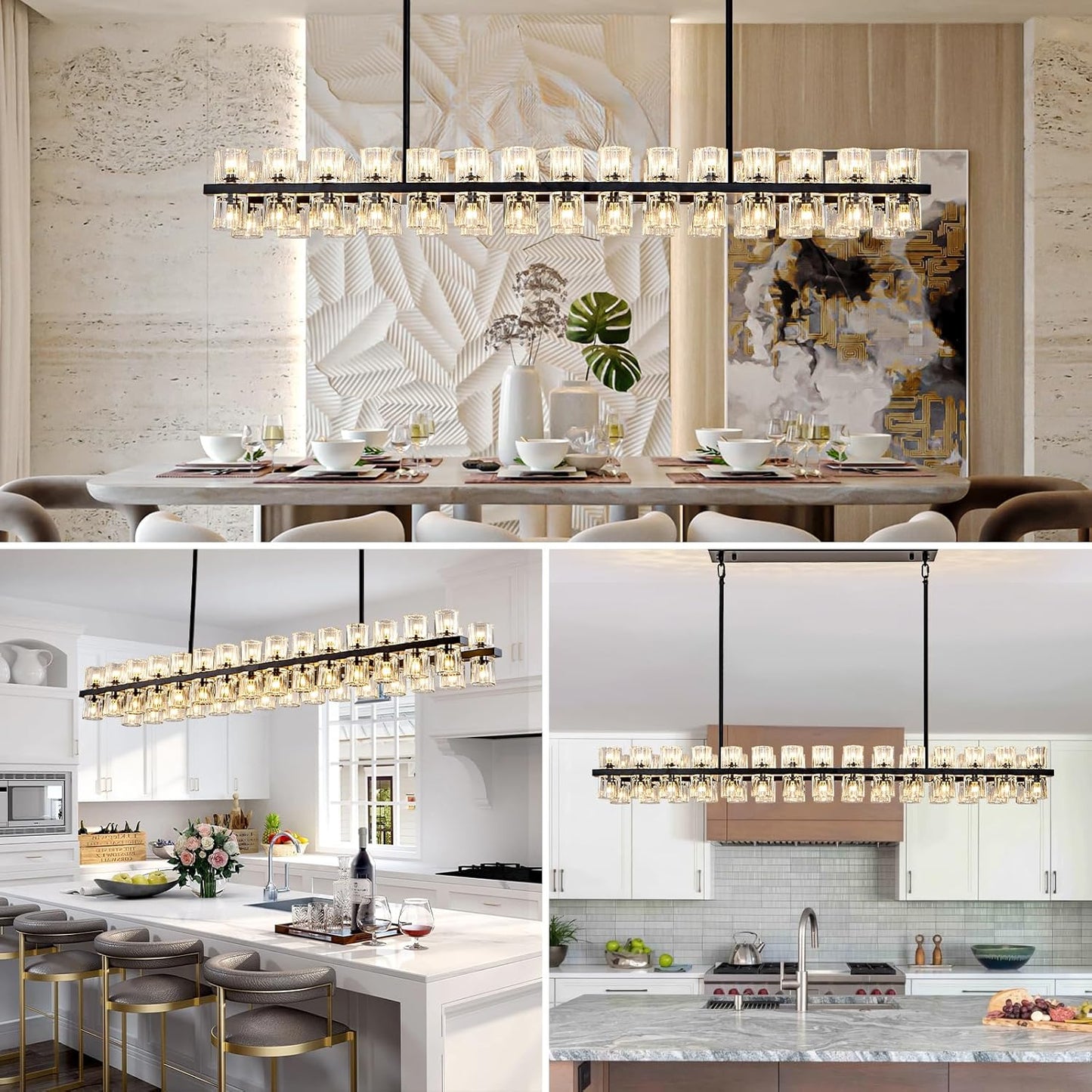 60-Light Black Rectangular Chandelier, 54 in. Modern K9 Crystal Chandelier for Dining Room, Living Room, Foyer