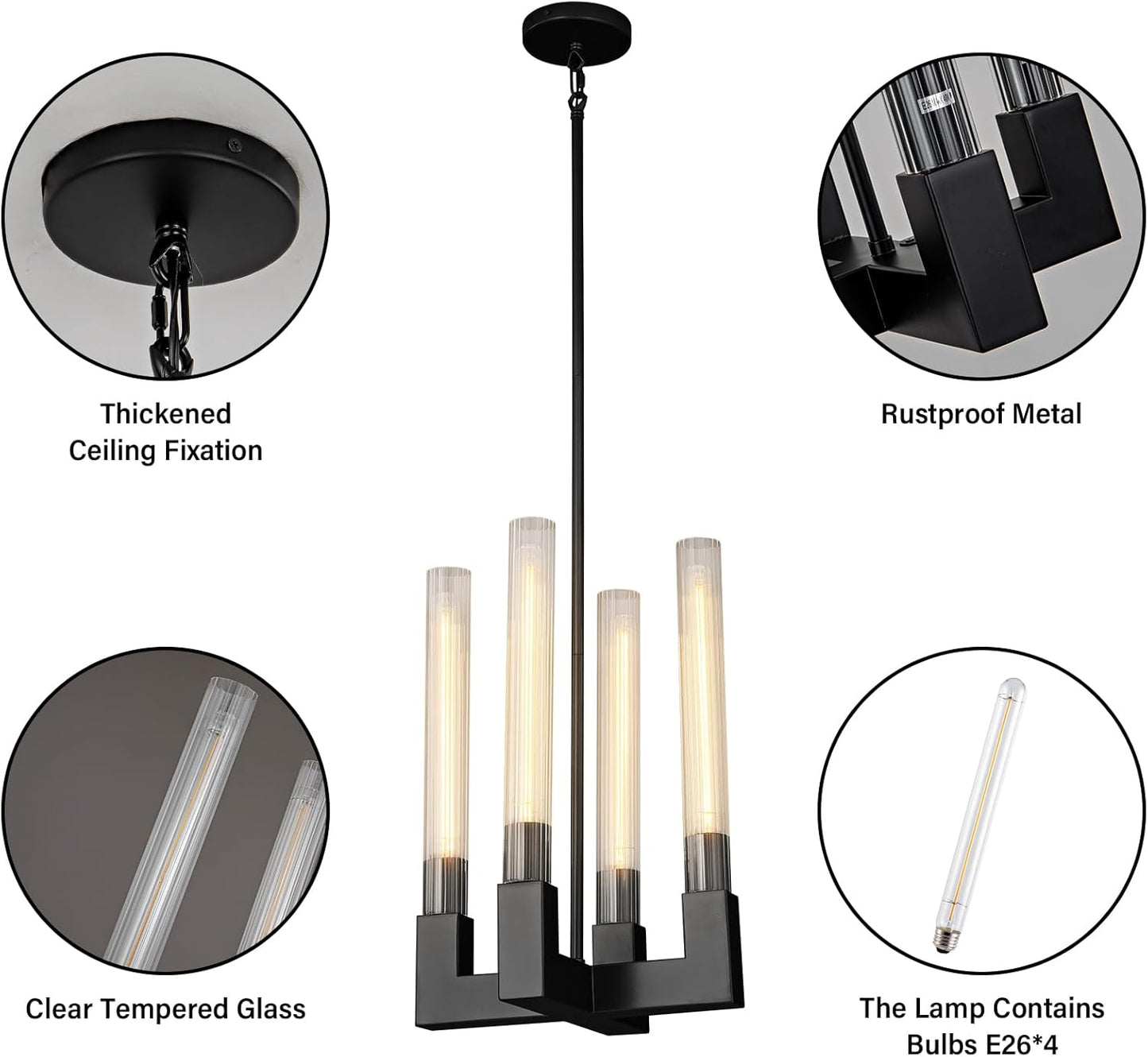 Luxury Pendant Light 12.6 in. 4-Light Black Modern Candle Style Chandelier with Glass Tube Dinning Room Kitchen Island