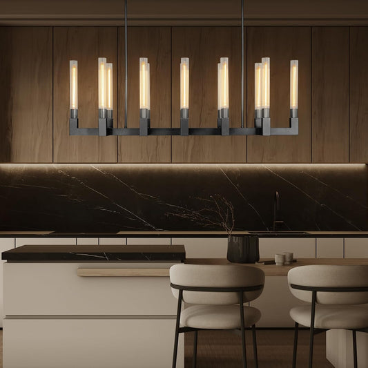 12-Light Black Candlestick Chandelier, Modern Chandelier with Glass Shade, Retangular Luxurious Ceiling Pendant Light
