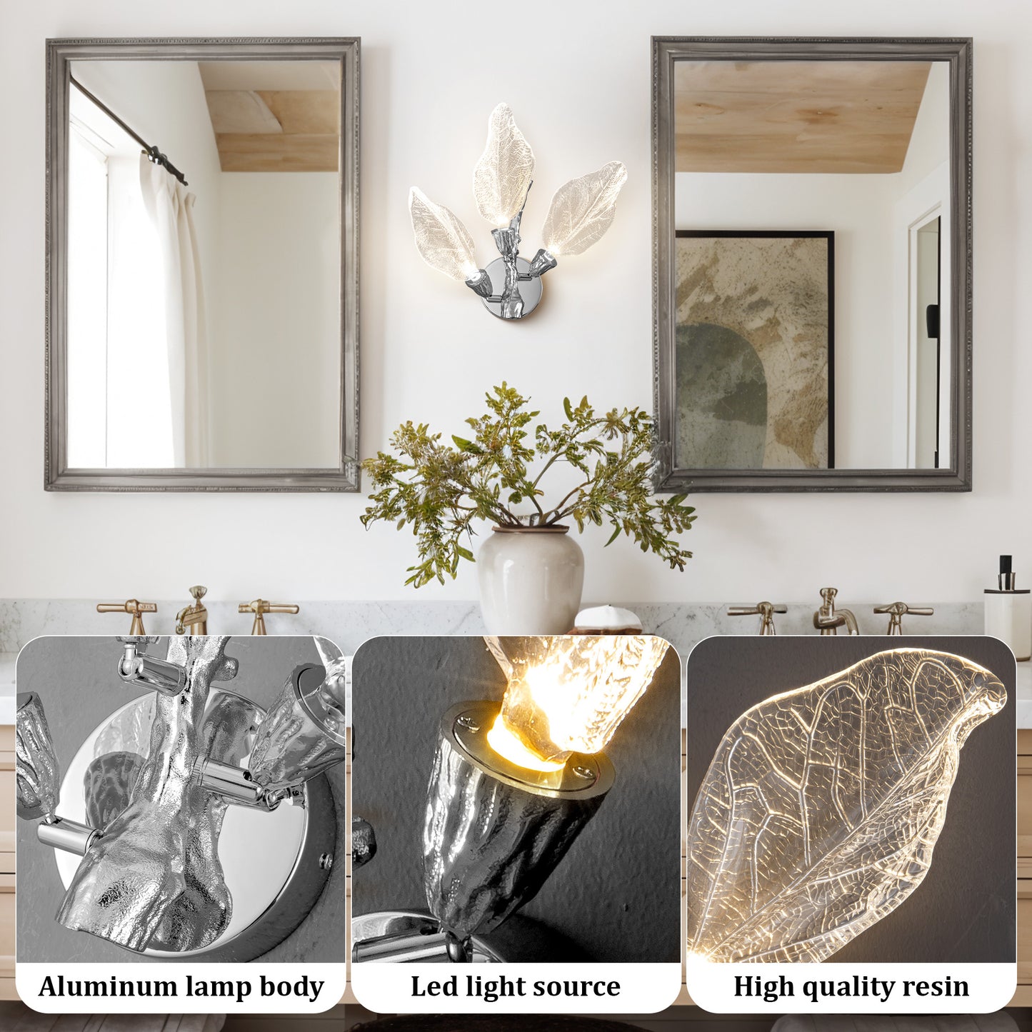 Modern 13.4 in. 3-Light Silver Bionic Leaf Wall Sconce LED Vanity Lighting Fixtures Bathroom Hallway Living Room Stair