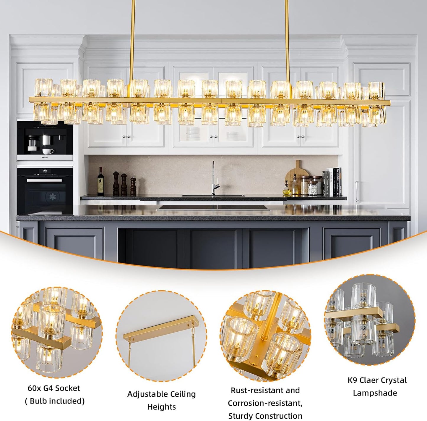 60-Light Gold Rectangular Chandelier, 54 in. Modern K9 Crystal Chandelier for Dining Room, Living Room, Foyer