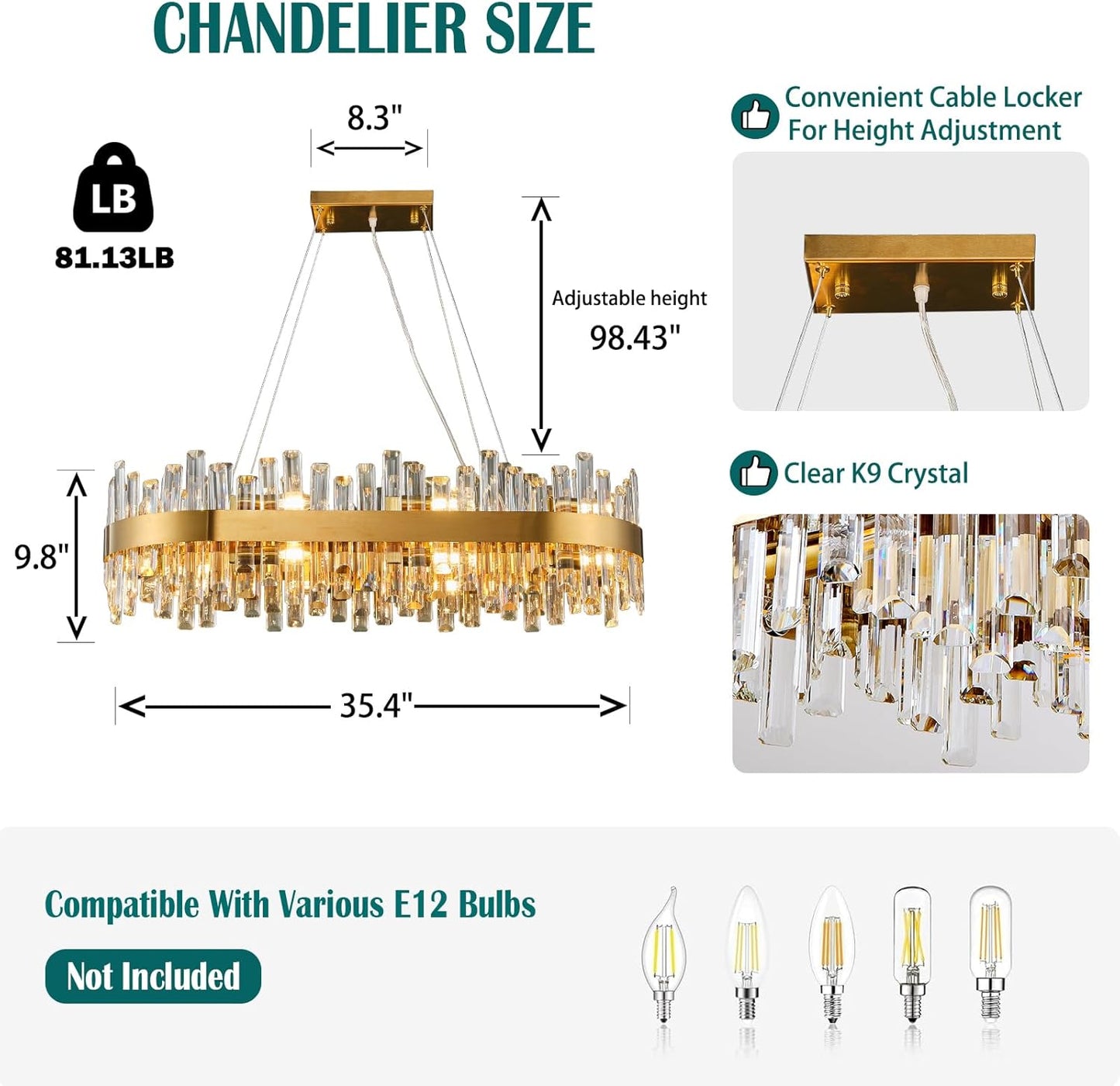 Farmhouse 35.4 in. 16-Light Gold Chandelier, Modern Rectangular K9 Crystal Chandelier for Dining Room, Kitchen Island