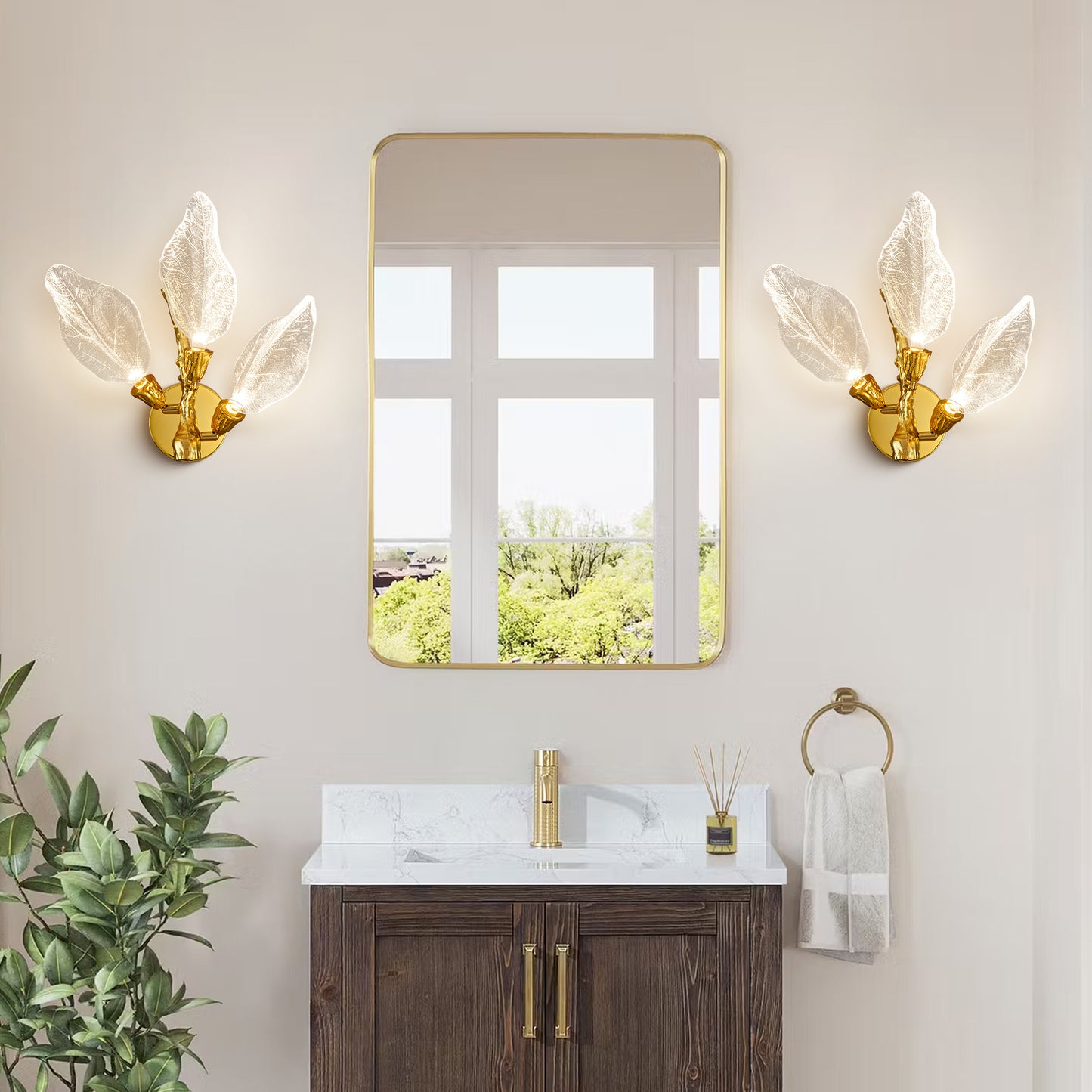 Modern 13.4 in. 3-Light Gold Bionic Leaf Wall Sconce LED Vanity Lighting Fixtures for Bathroom Hallway Living Room Stair