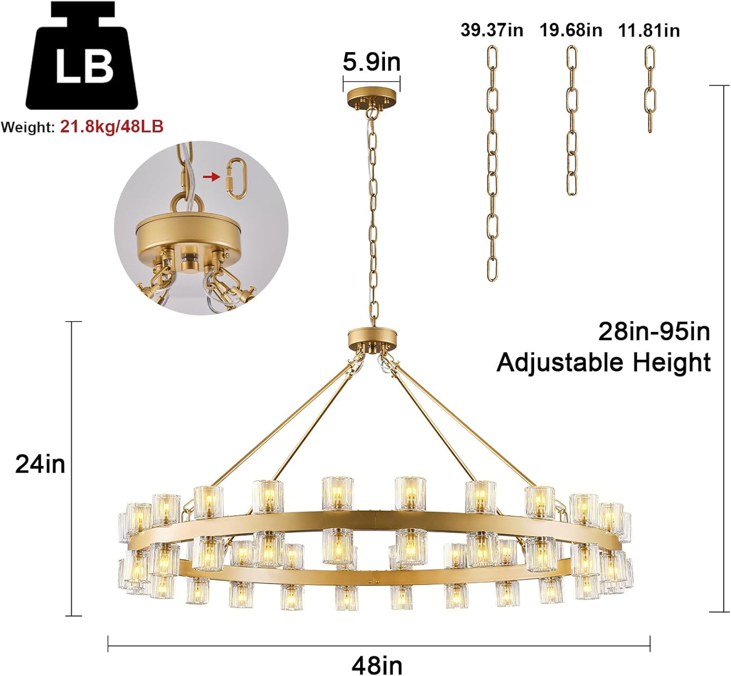 48-Light Gold Round Chandelier, 48 in. Modern K9 Crystal Chandelier for Dining Room, Living Room, Foyer