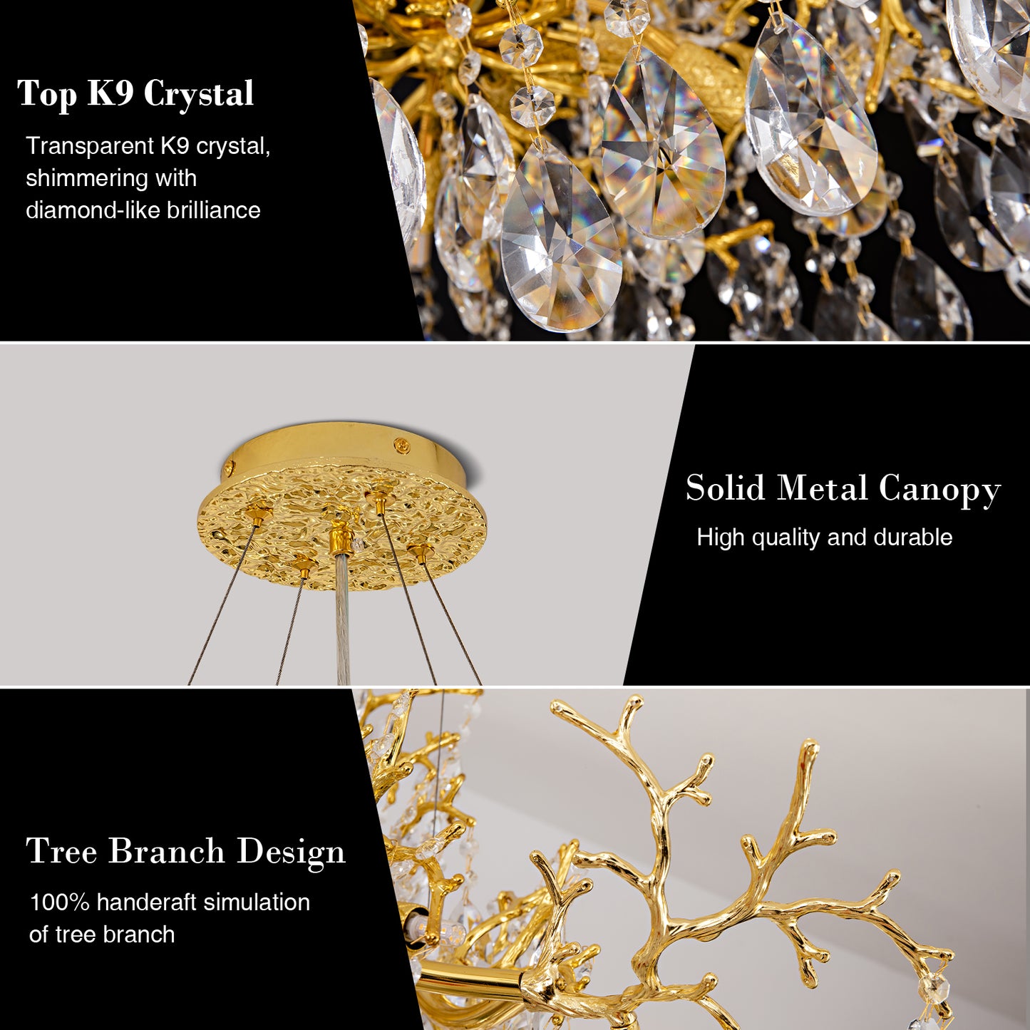 14-Lights Gold Luxury Crystal Linear Chandelier, Modern Tree Branch Chandelier for Dinning Room, Kitchen, Living Room