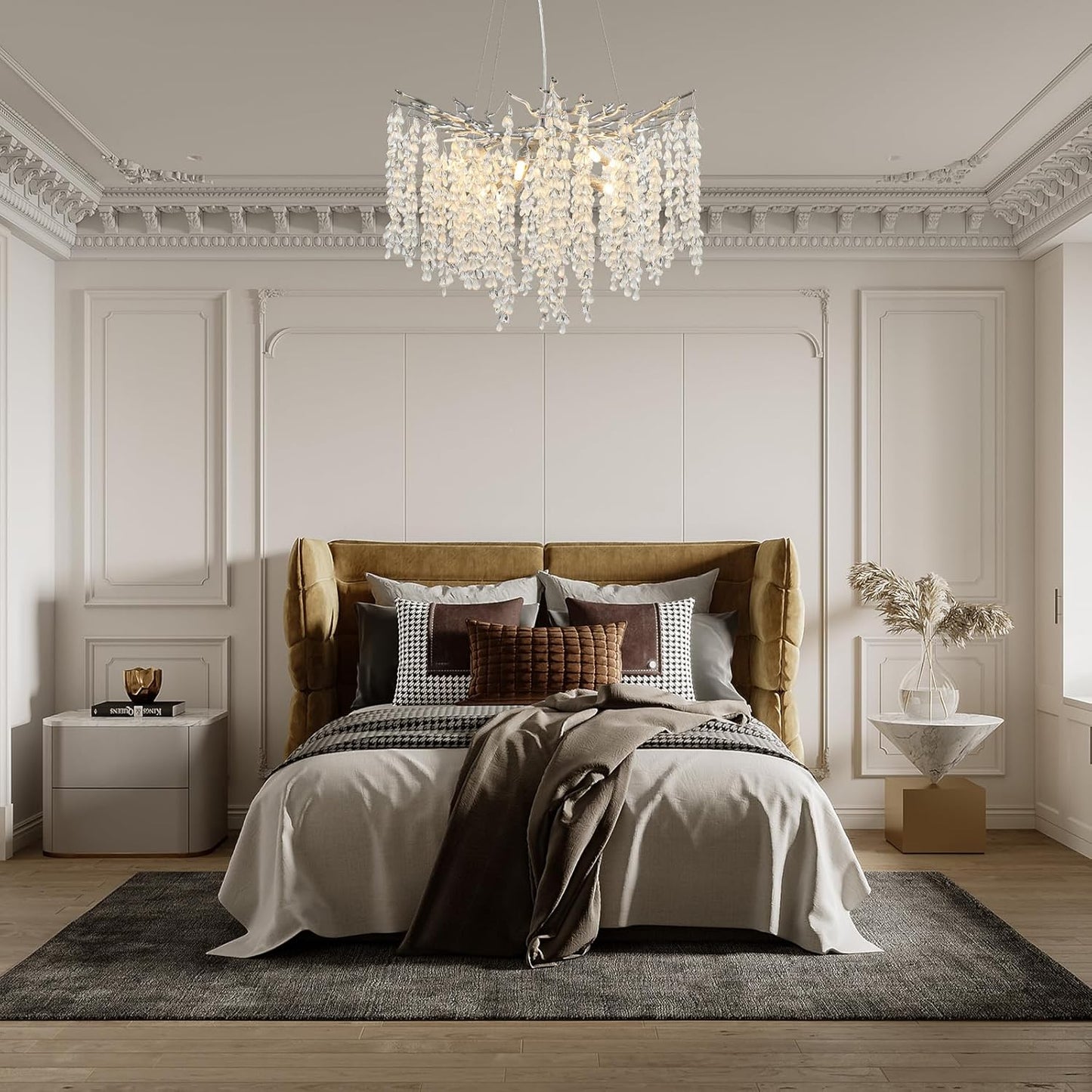 24" 8-Light Modern Crystal Chandelier Silver Tree Branch Round Chandelier for Dining Room Living Room Bedroom, Entryway