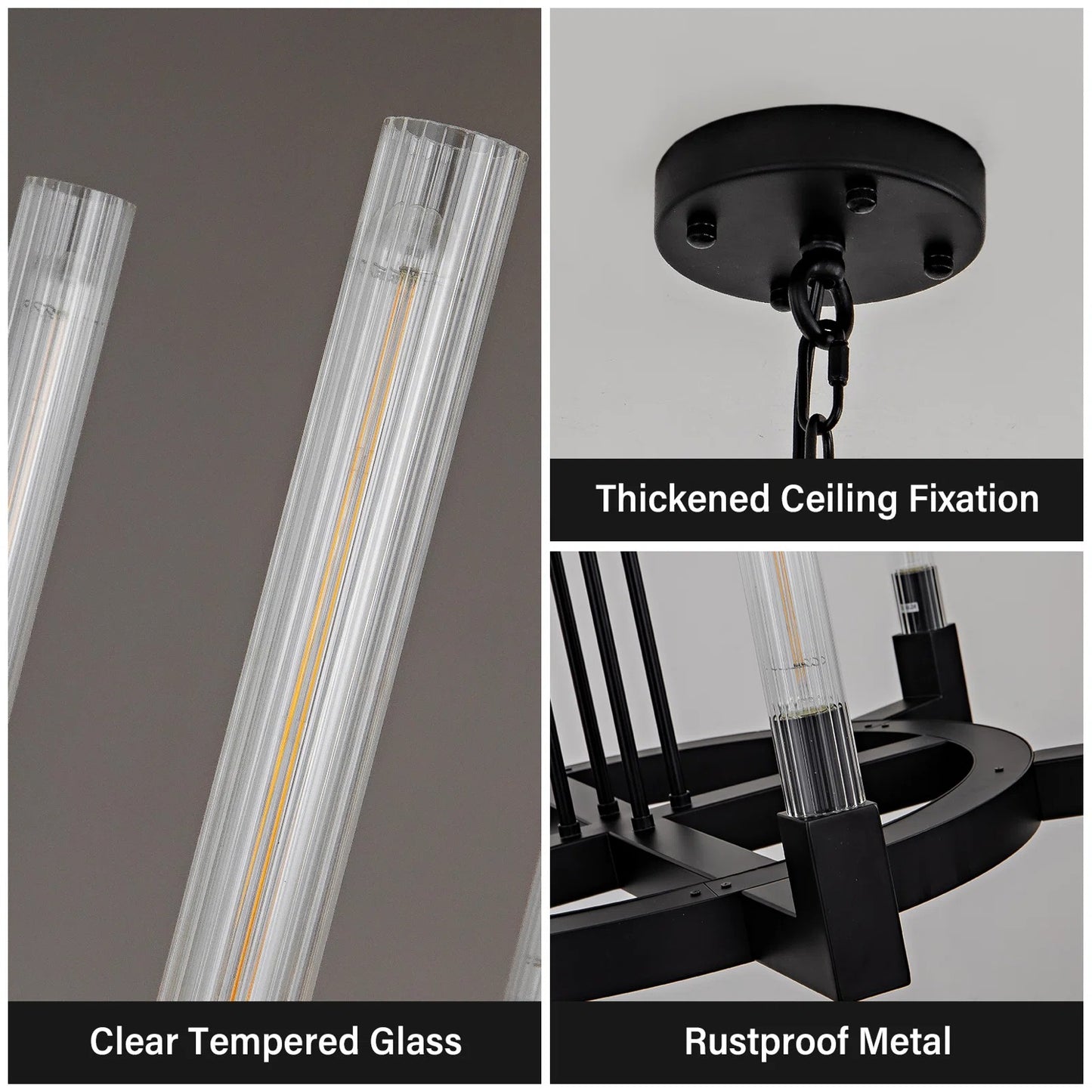 35 in. 6-Light Farmhouse Chandelier, Black Wagon Wheel Chandelier with Glass Tube for Dining Room, Living Room, Entryway