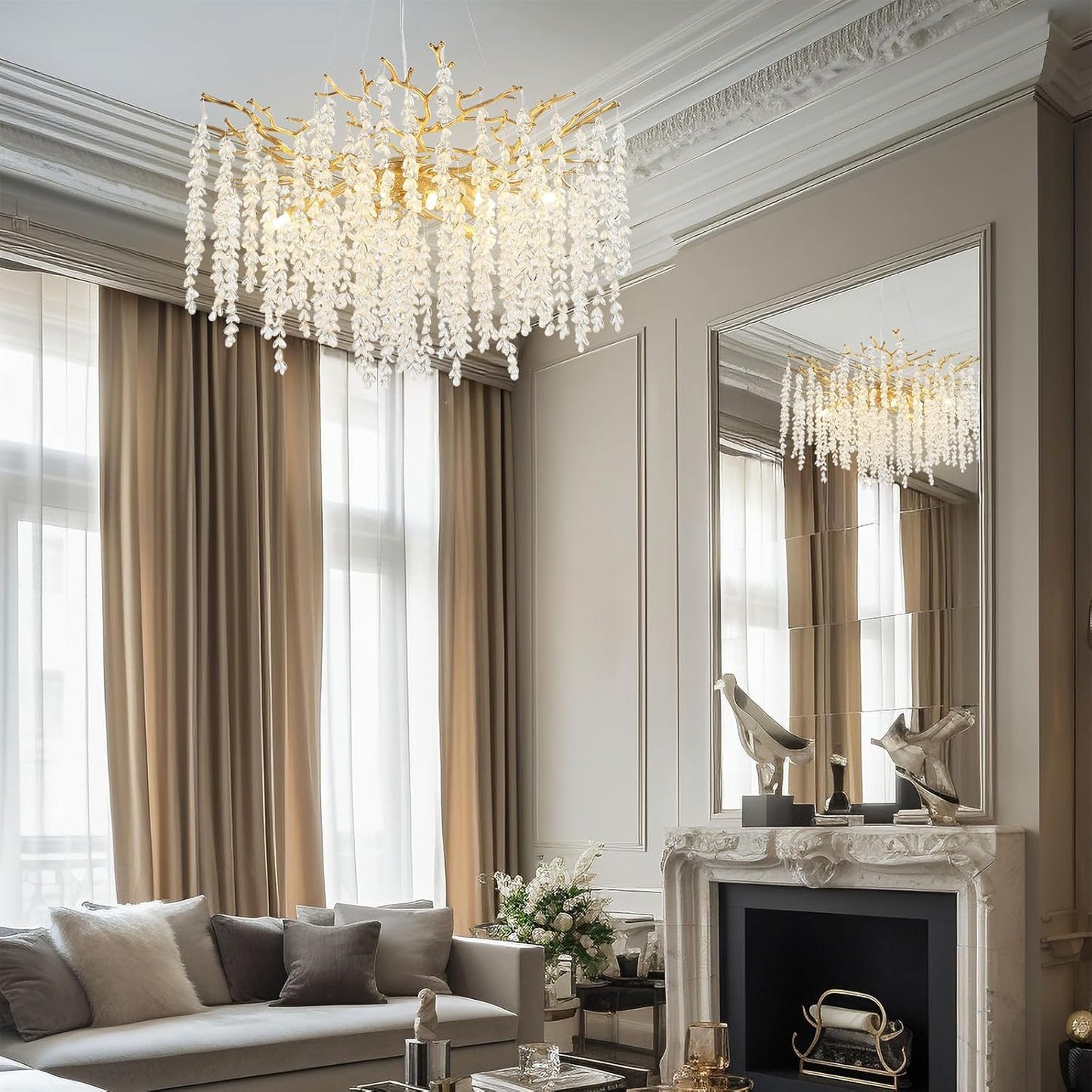 24" 8-Light Modern Crystal Chandelier, Gold Tree Branch Round Chandelier for Dining Room, Living Room, Bedroom, Entryway