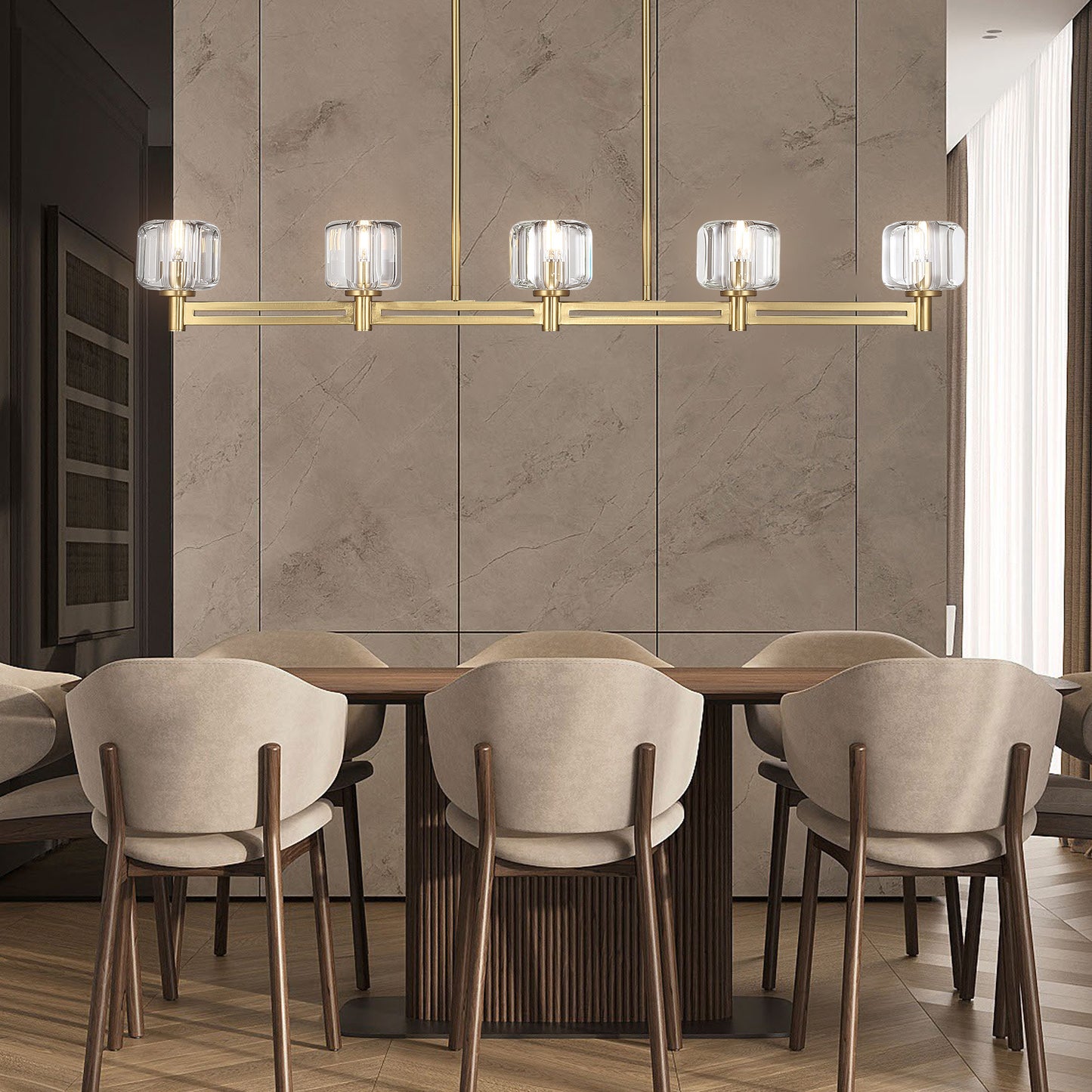 54 in. 5-Light Gold Farmhouse Linear Chandelier with Crystal Lampshade for Dining Room, Living Room and Kitchen Island