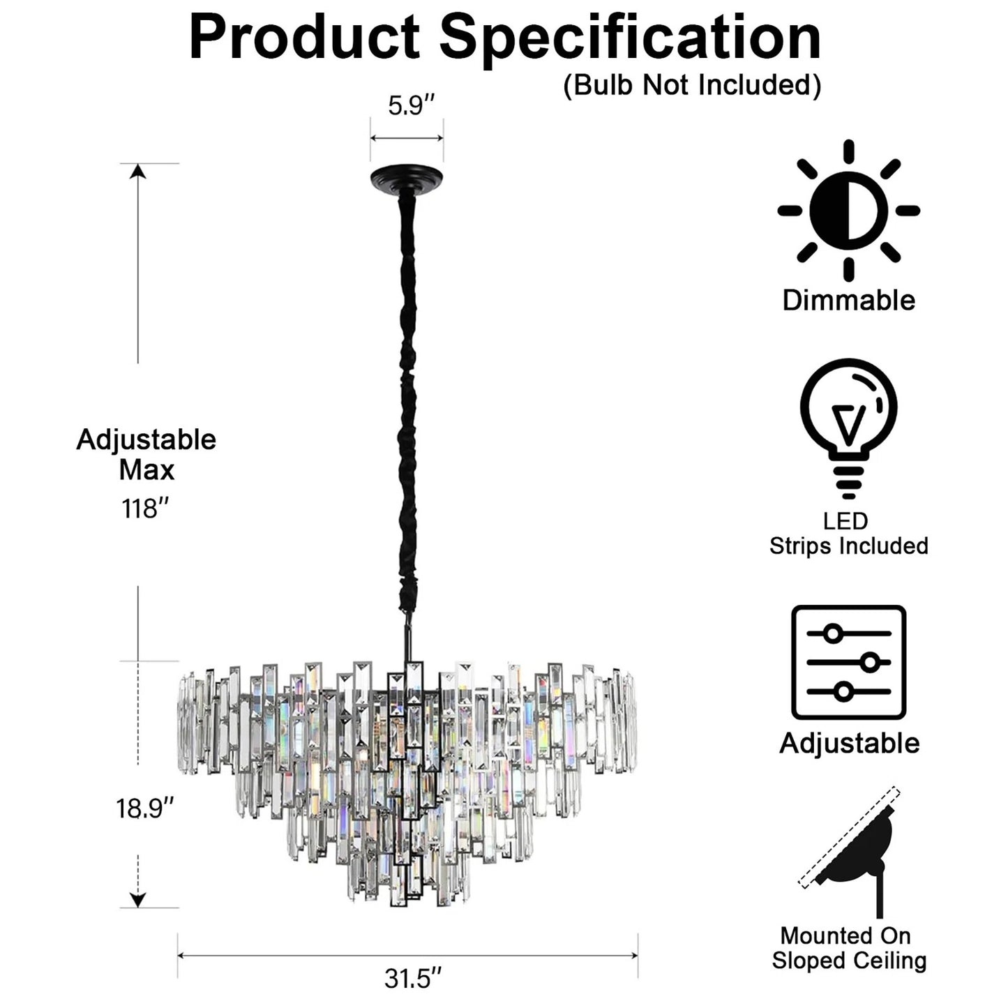 31.5" Modern Chandelier 19-Light 4-Tier Black Round K9 Crystal Chandelier for Dining Room,Living Room,Entryway and Foyer