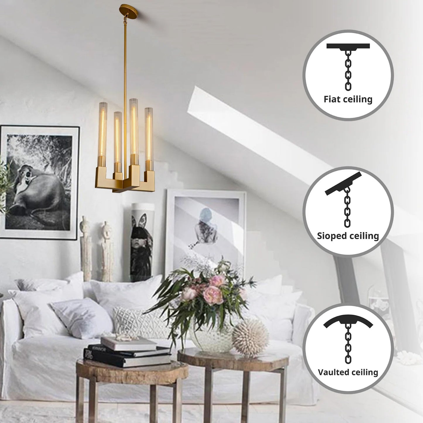 Luxury Pendant Light 12.6 in. 4-Light Gold Modern Candle Style Chandelier with Glass Tube Dinning Room Kitchen Island