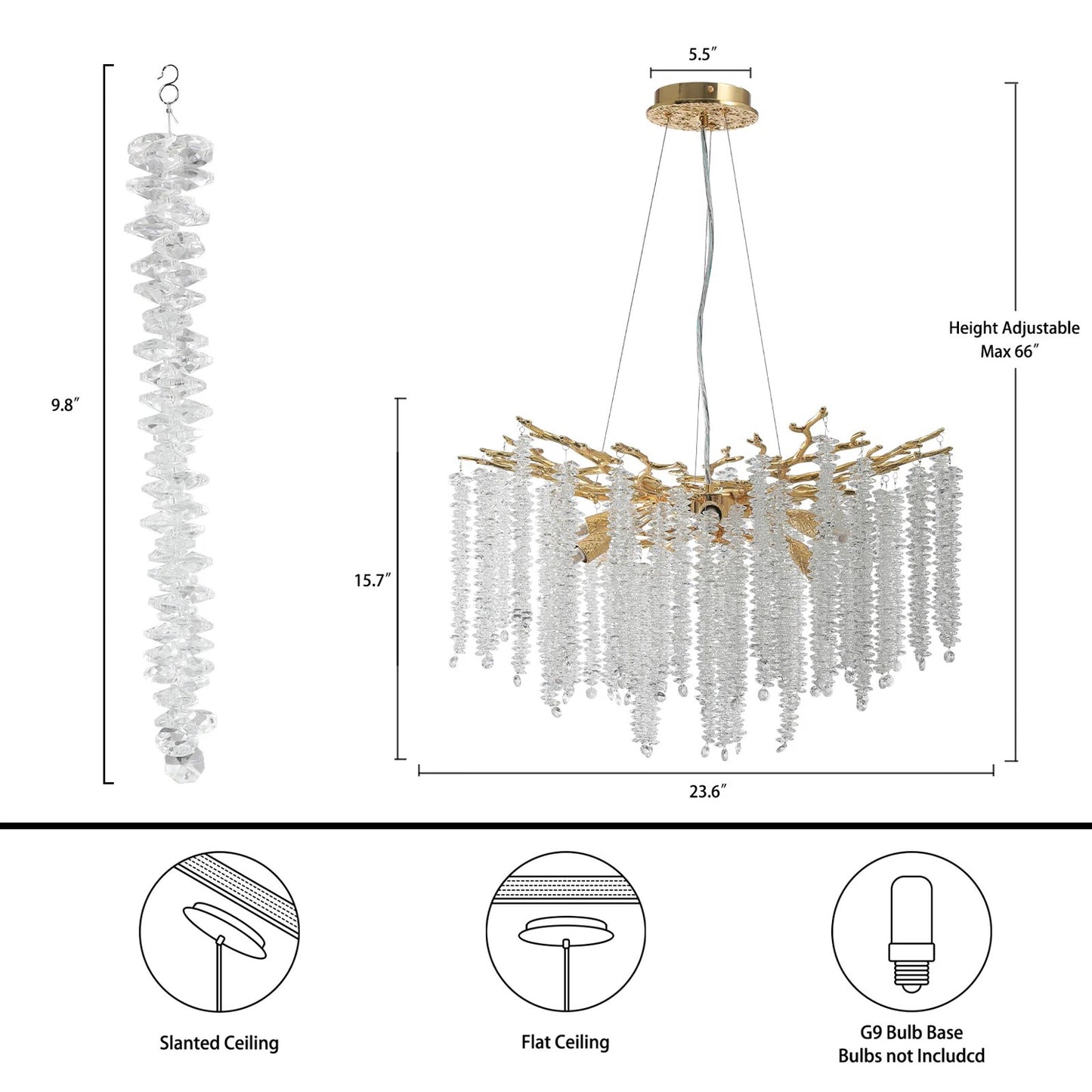 24 in. 8-Light Modern Crystal Chandelier, Gold Round Luxury Tree Branch Chandelier for Dining Room, Living Room, Bedroom