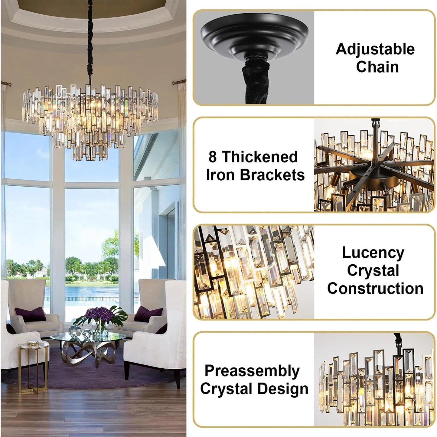 31.5" Modern Chandelier 19-Light 4-Tier Black Round K9 Crystal Chandelier for Dining Room,Living Room,Entryway and Foyer