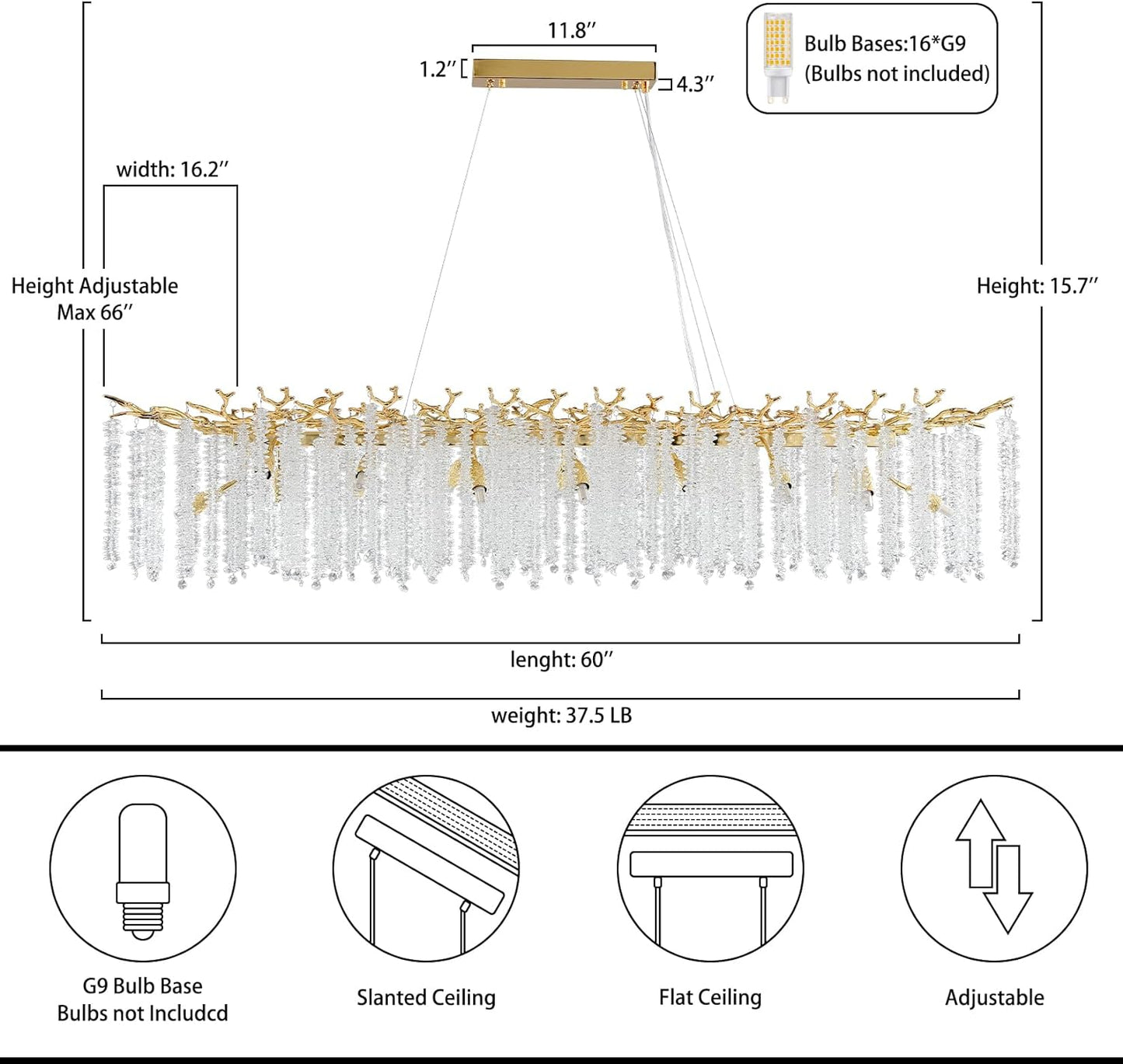 16-Light Gold Chandelier, Luxury Flush Mount Chandelier with K9 Crystal, for Dining Room, Living Room, Kitchen and Foyer