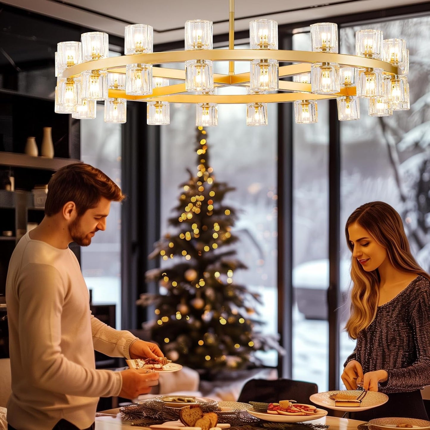 36-Light Gold Round Chandelier, 36 in. Modern K9 Crystal Chandelier for Dining Room, Living Room, Foyer