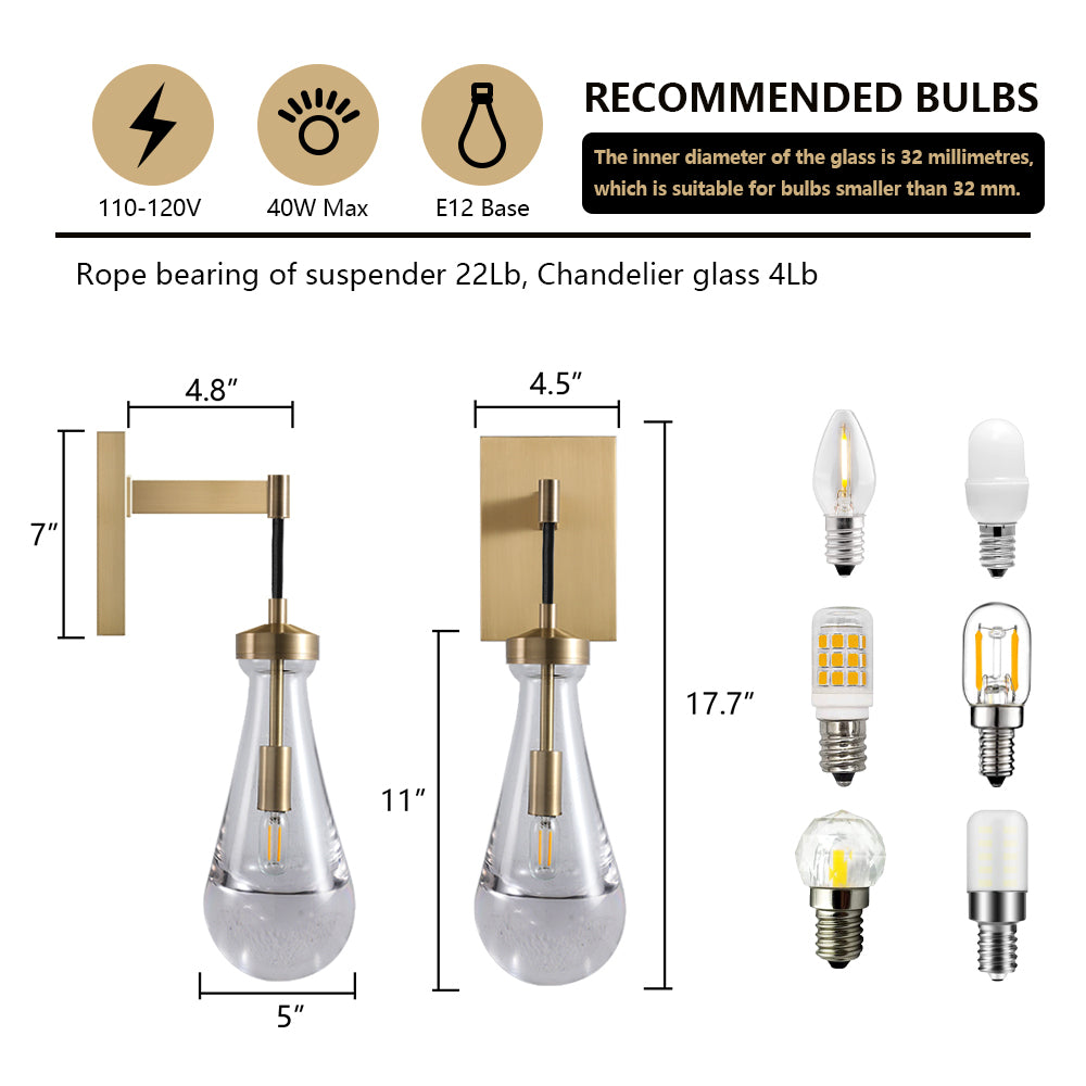 17.7 in. H 1-Light Copper Wall Sconce, Raindrop Wall Lighting with Hand Blown Solid Glass and Brass Base (2-Sets)