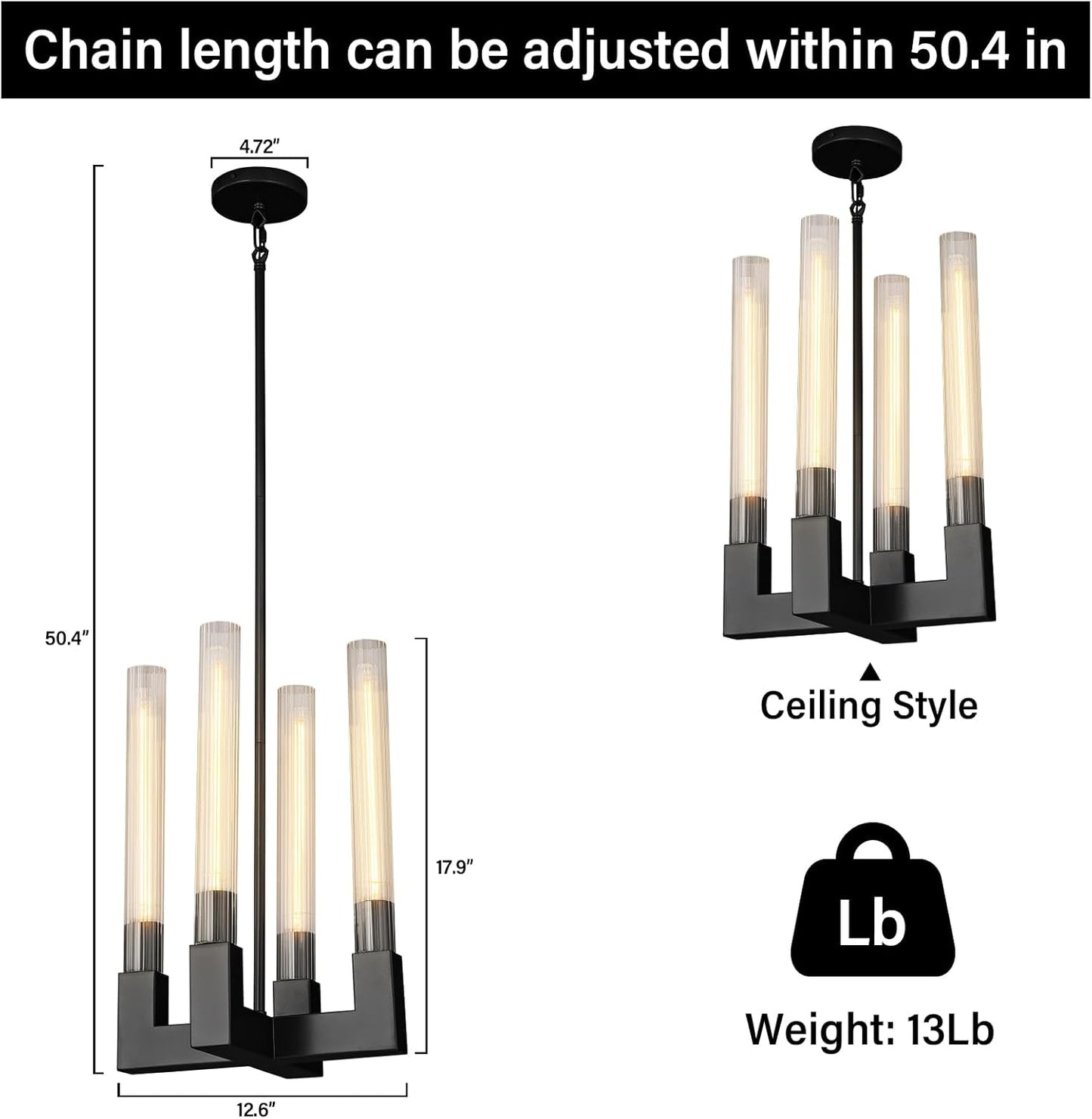 Luxury Pendant Light 12.6 in. 4-Light Black Modern Candle Style Chandelier with Glass Tube Dinning Room Kitchen Island