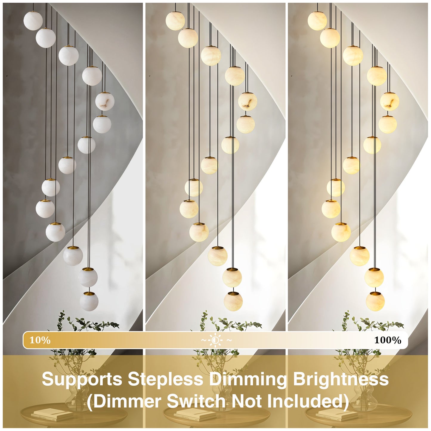 Modern 138 in. H 14-Light Gold Globe Staircase Chandelier, Natural Alabaster Chandelier for High Ceiling, Foyer, Entry