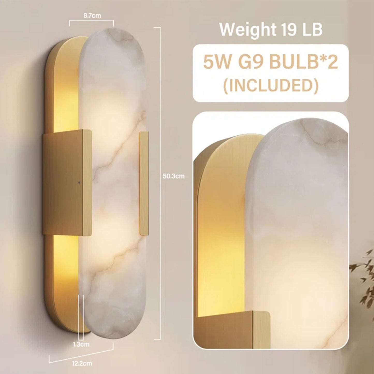 19.8 in. 2-Light Alabaster Gold Wall Sconce, Natural Marble Wall Light for Living Room, Dining Room, Bedroom (2-Sets)