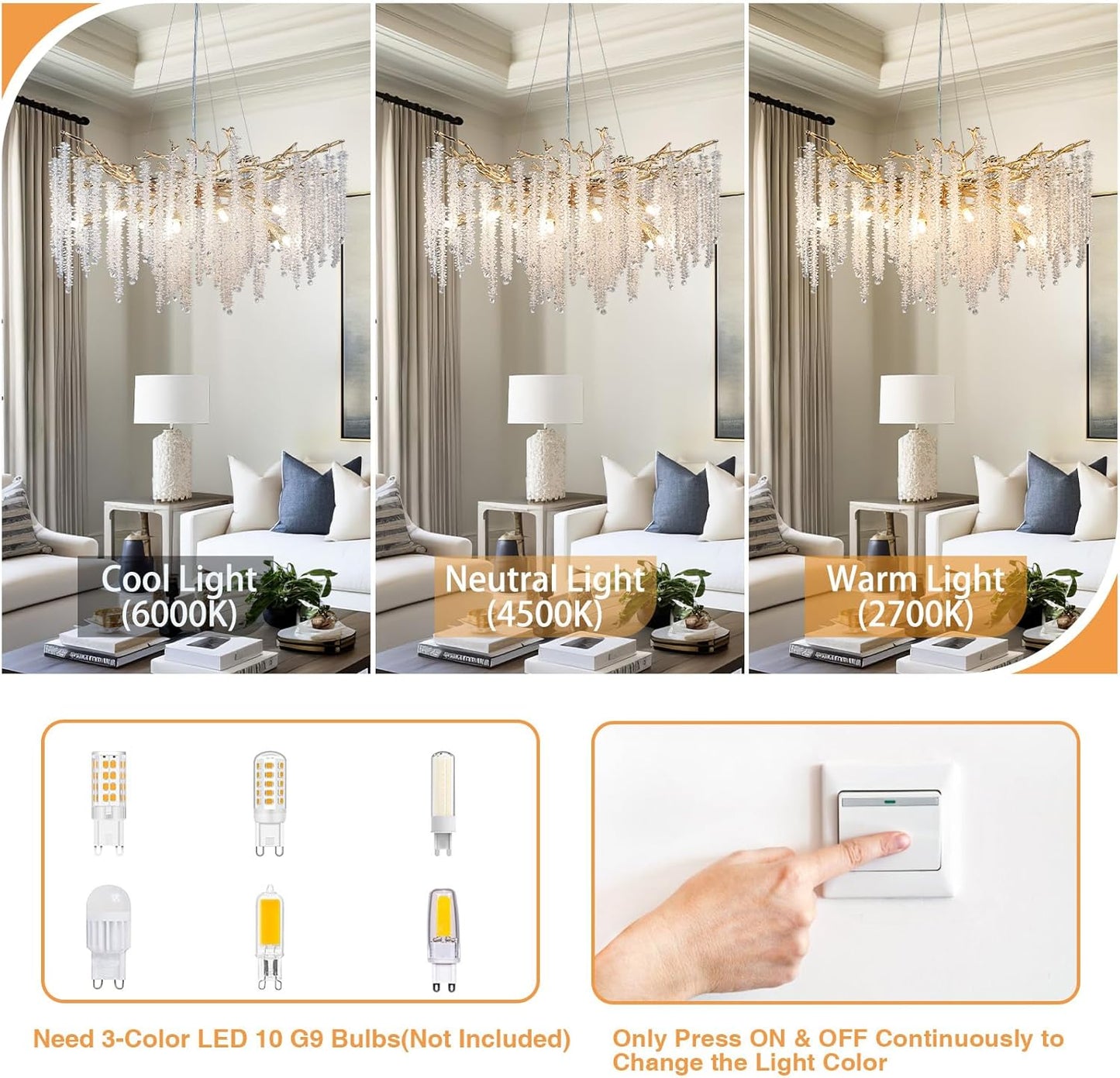 30in. 10-Light Modern Crystal Chandelier, Gold Round Luxury Tree Branch Chandelier for Dining Room, Living Room, Bedroom