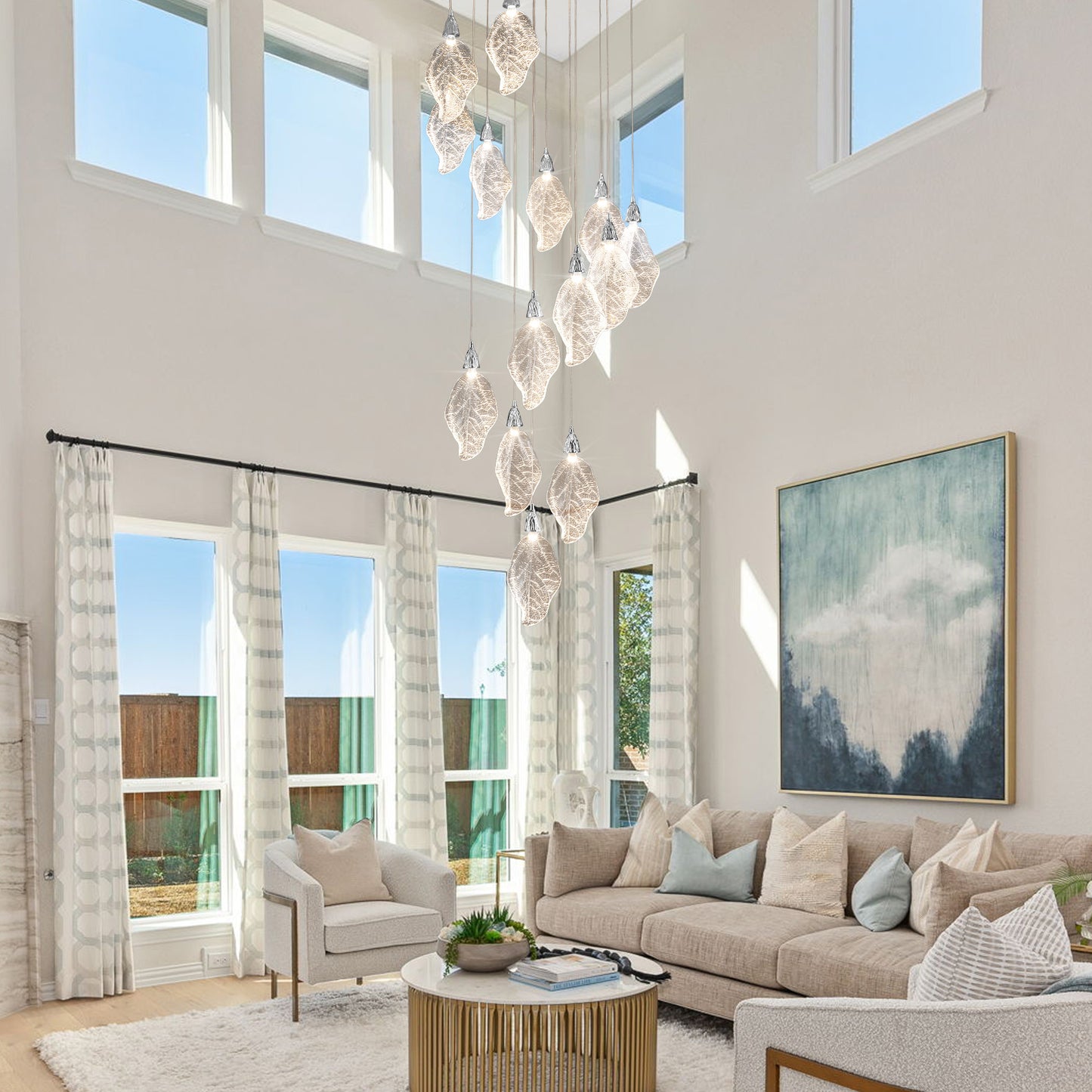Modern 78 in. H 14Light Integrated LED Silver Crystal Staircase Chandelier Bionic Leaf High Ceiling LED Lighting Fixture
