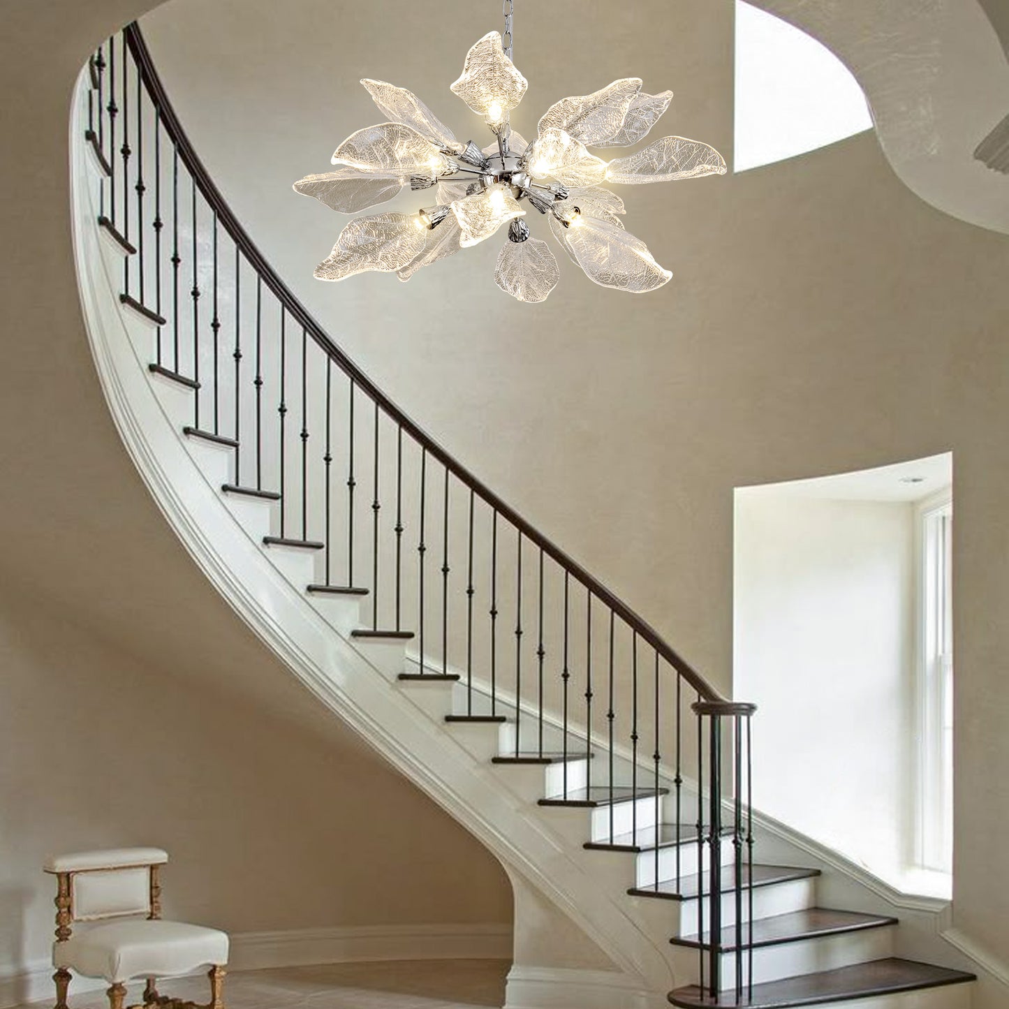 D31.5 in. 18-Light Silver Modern Chandelier, Crystal Leaf Chandelier for Bedroom, Dining Room, Living Room, Foyer