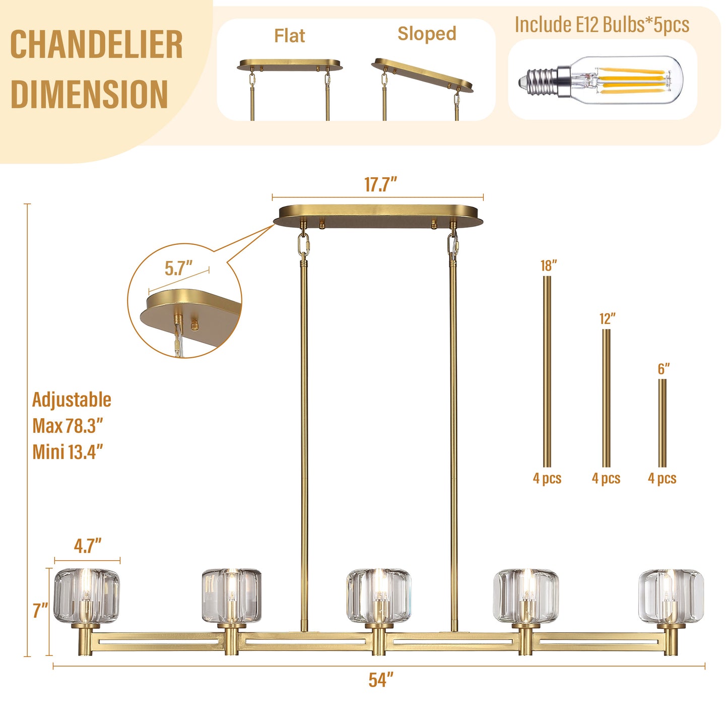 54 in. 5-Light Gold Farmhouse Linear Chandelier with Crystal Lampshade for Dining Room, Living Room and Kitchen Island