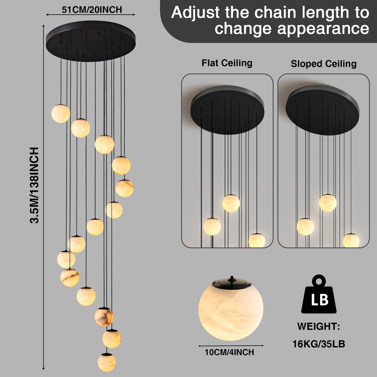 Modern 138 in. H 14-Light Black Globe Staircase Chandelier, Natural Alabaster Chandelier for High Ceiling, Foyer, Entry