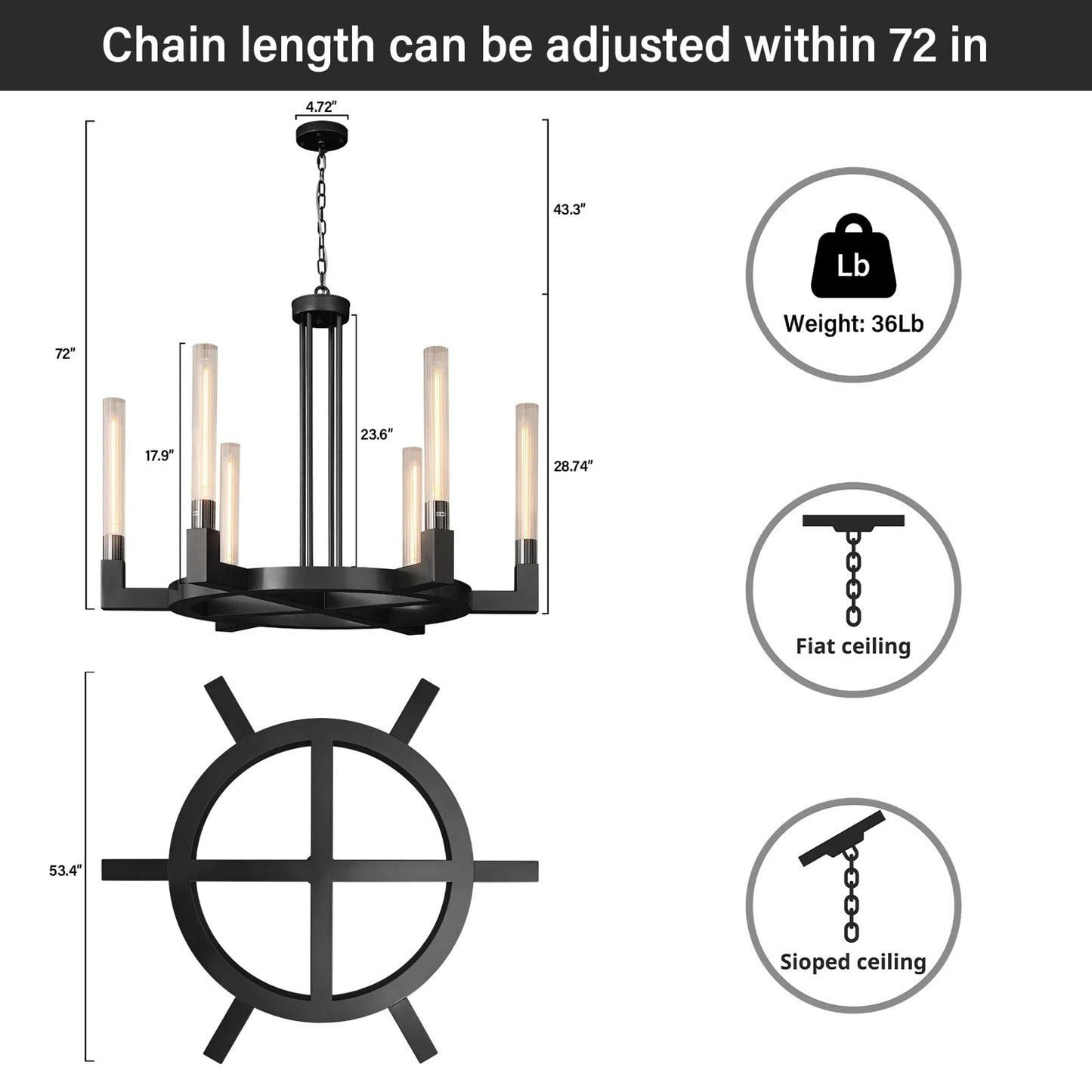 35 in. 6-Light Farmhouse Chandelier, Black Wagon Wheel Chandelier with Glass Tube for Dining Room, Living Room, Entryway