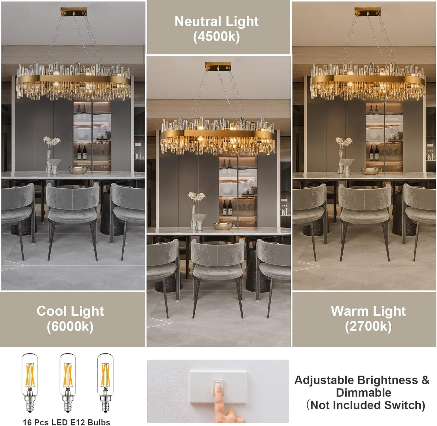 Farmhouse 35.4 in. 16-Light Gold Chandelier, Modern Rectangular K9 Crystal Chandelier for Dining Room, Kitchen Island