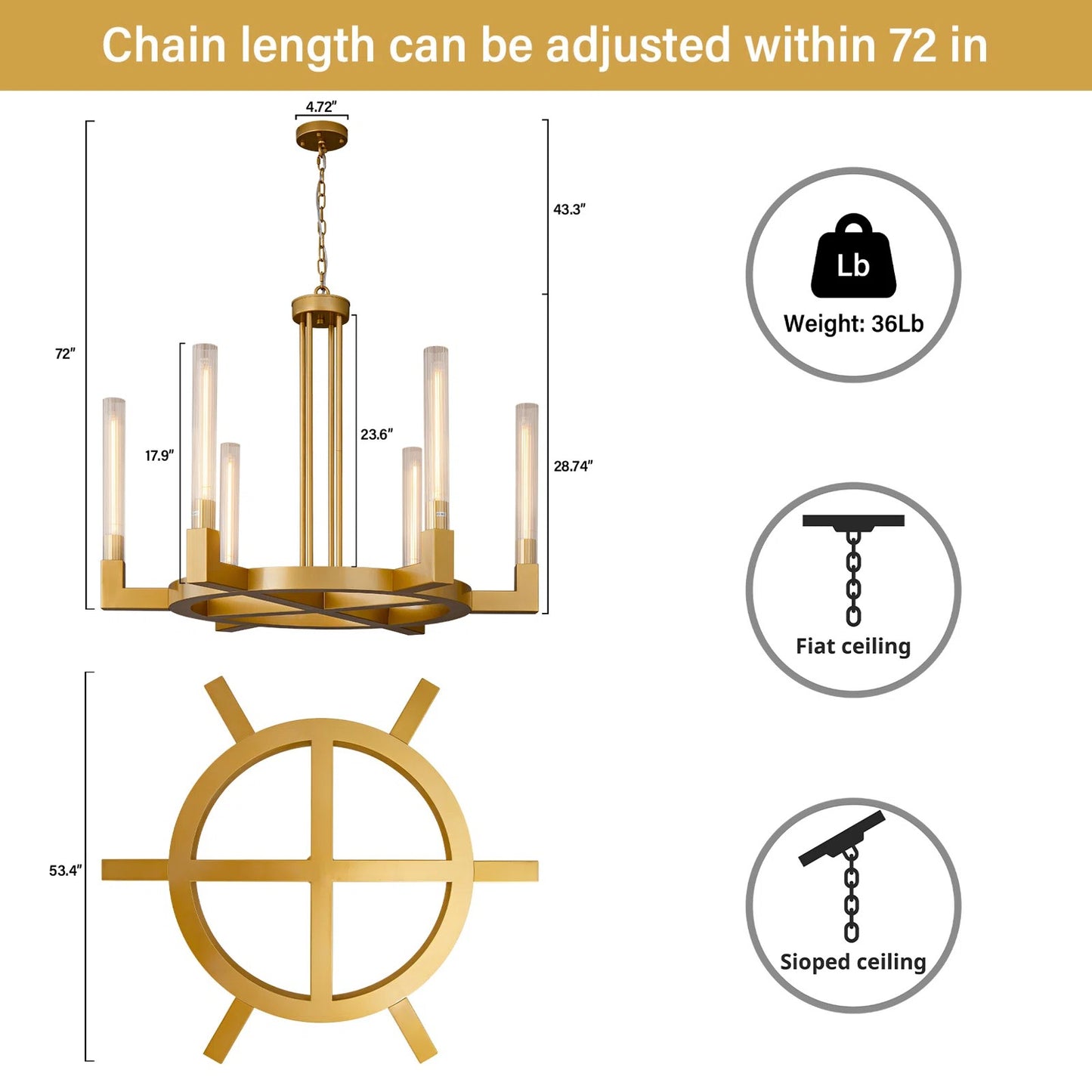 35 in. 6-Light Farmhouse Chandelier, Gold Wagon Wheel Chandelier with Glass Tube for Dining Room, Living Room, Entryway