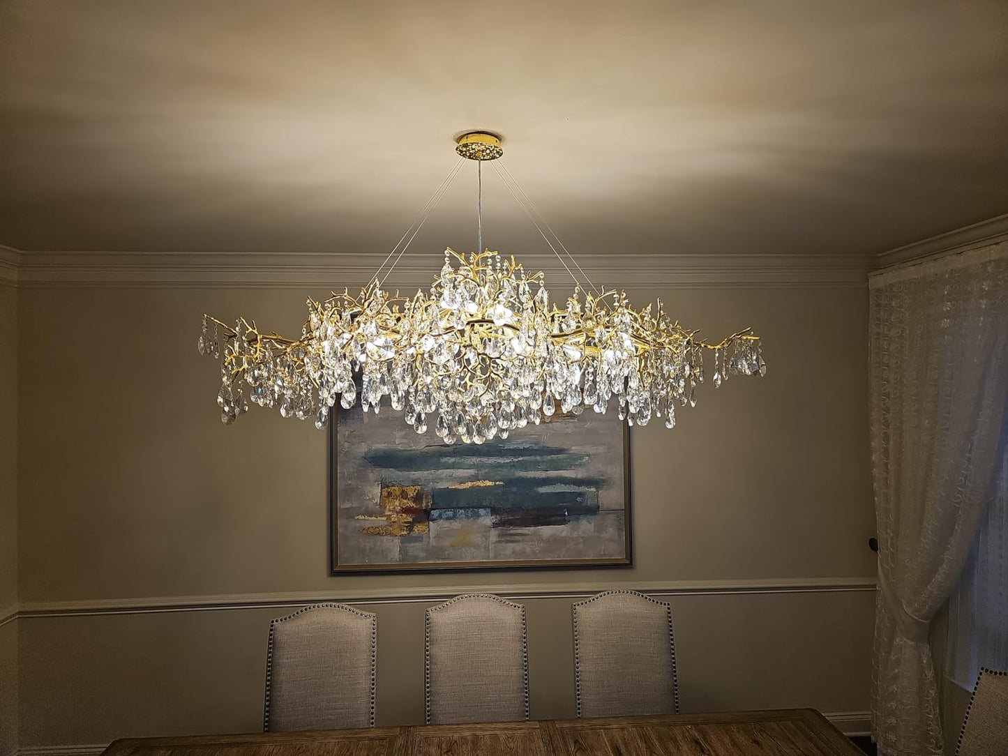 14-Lights Gold Luxury Crystal Linear Chandelier, Modern Tree Branch Chandelier for Dinning Room, Kitchen, Living Room