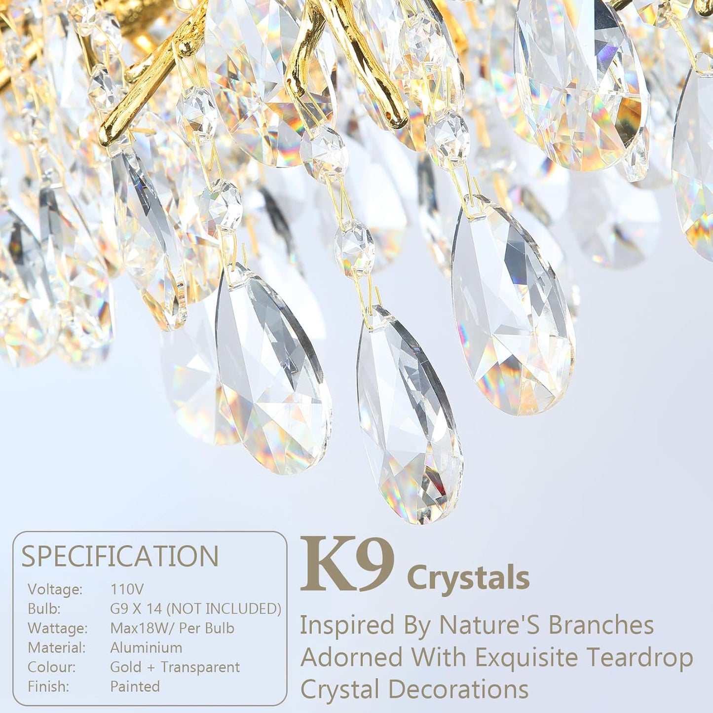 14-Lights Gold Luxury Crystal Linear Chandelier, Modern Tree Branch Chandelier for Dinning Room, Kitchen, Living Room